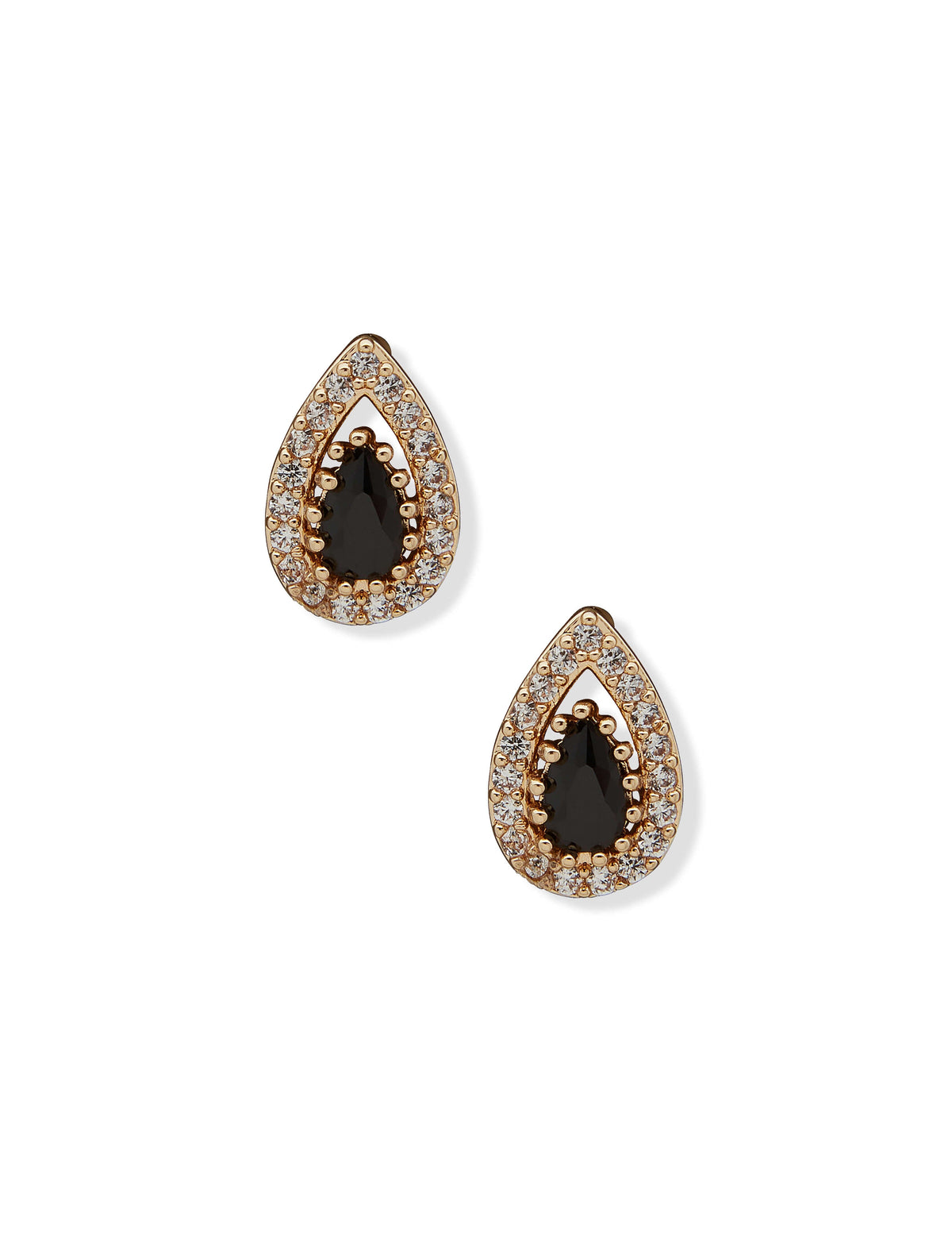 Anne Klein Gold Tone Pear Stone Halo Button Jet Pierced Earrings