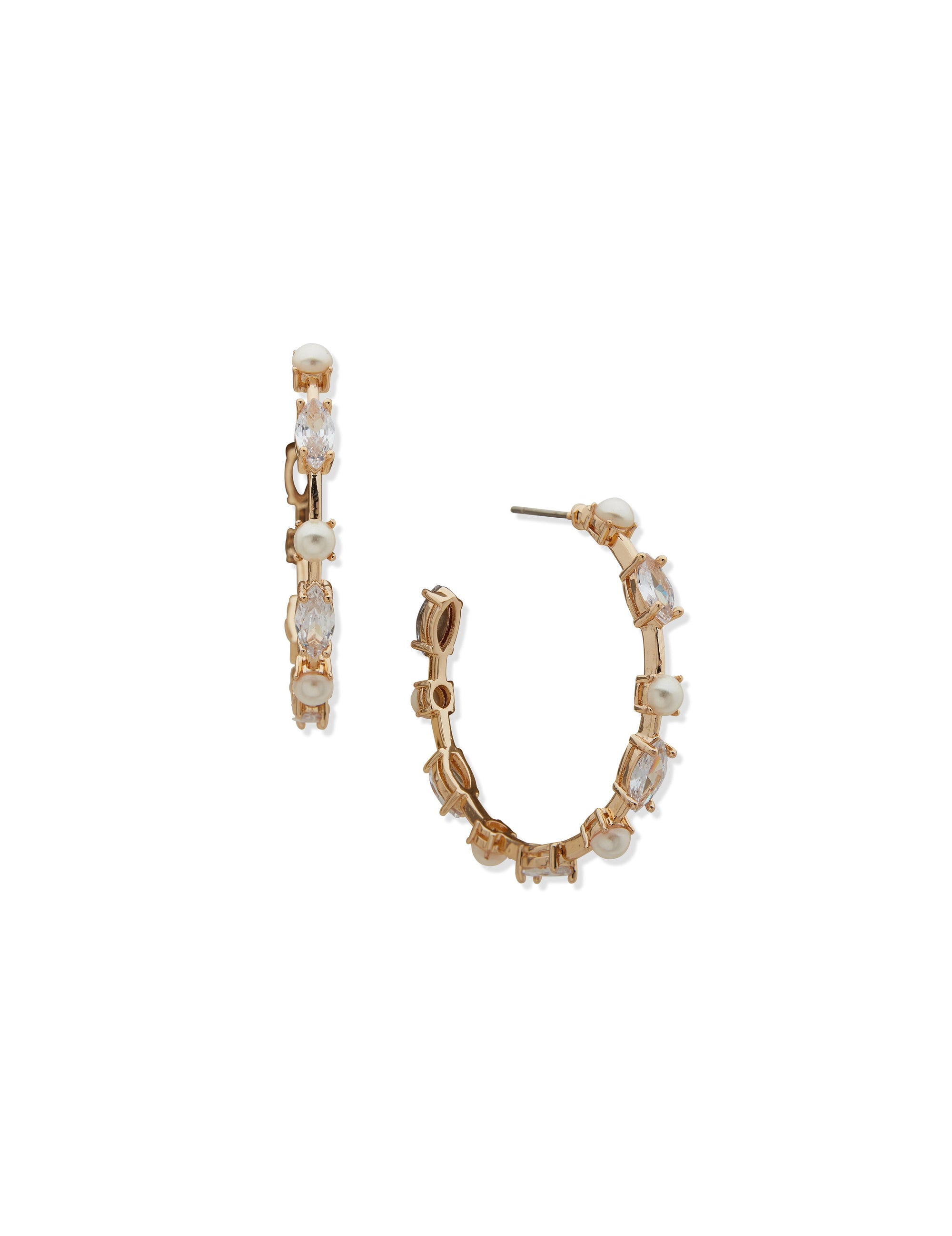 Anne Klein Gold Tone Pearl C Hoop Earring With Crystals