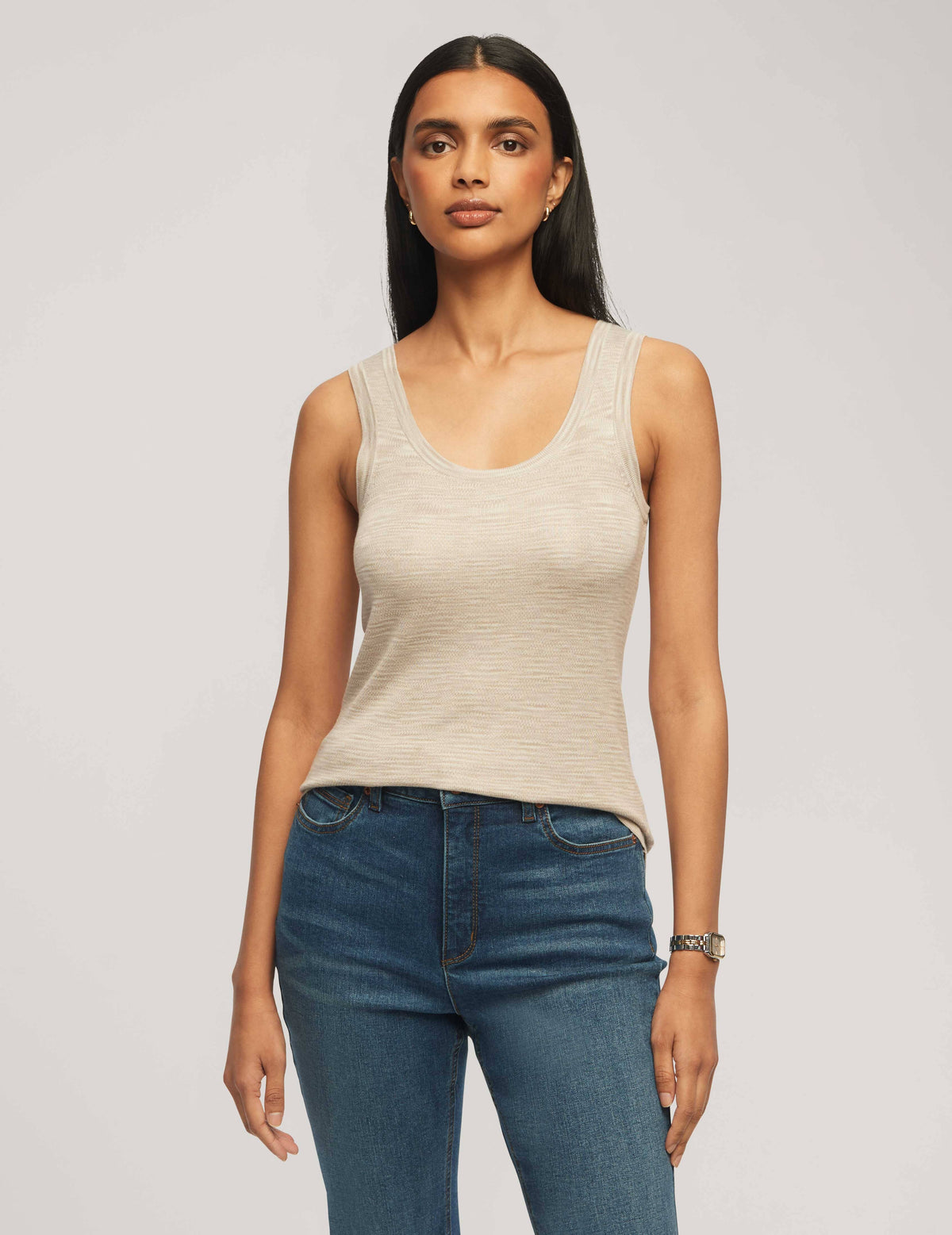 Anne Klein Latte/Anne White Space Dye Yarn Scoop Neck Tank - Sale