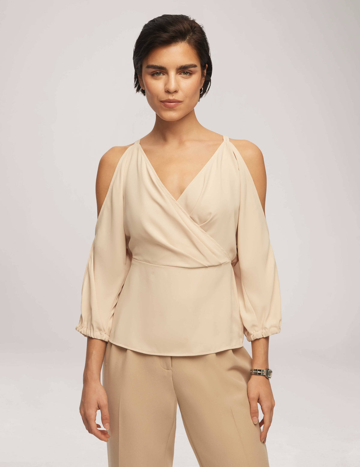 Anne Klein Crema Cold Shoulder Crossover Peplum Blouse  - Sale