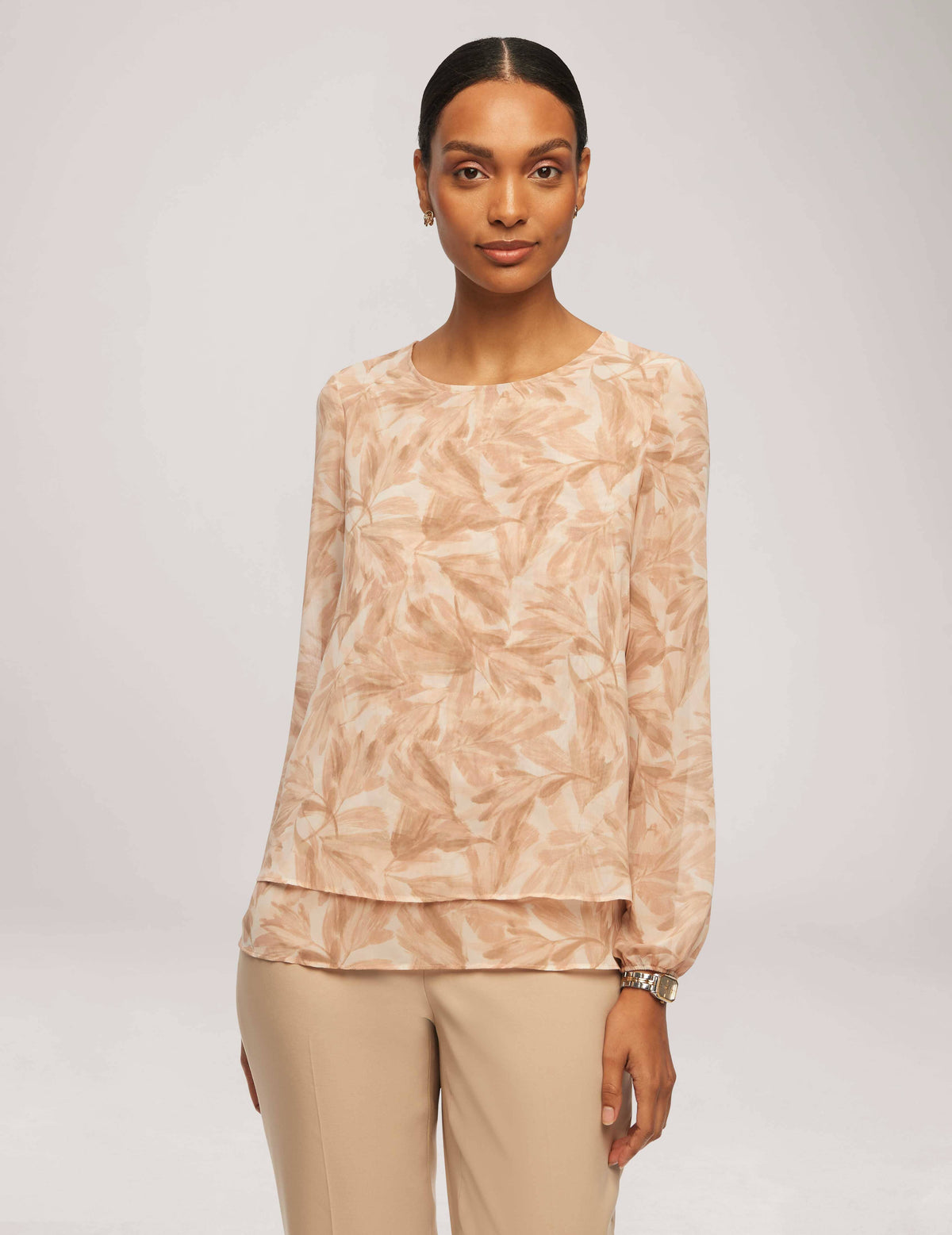 Anne Klein Latte Multi Printed Long Sleeve Double Layer Blouse - Sale