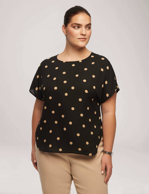 Anne Klein Anne Black/Latte Plus Size Large Dot Bateau Neck Short Sleeve Blouse