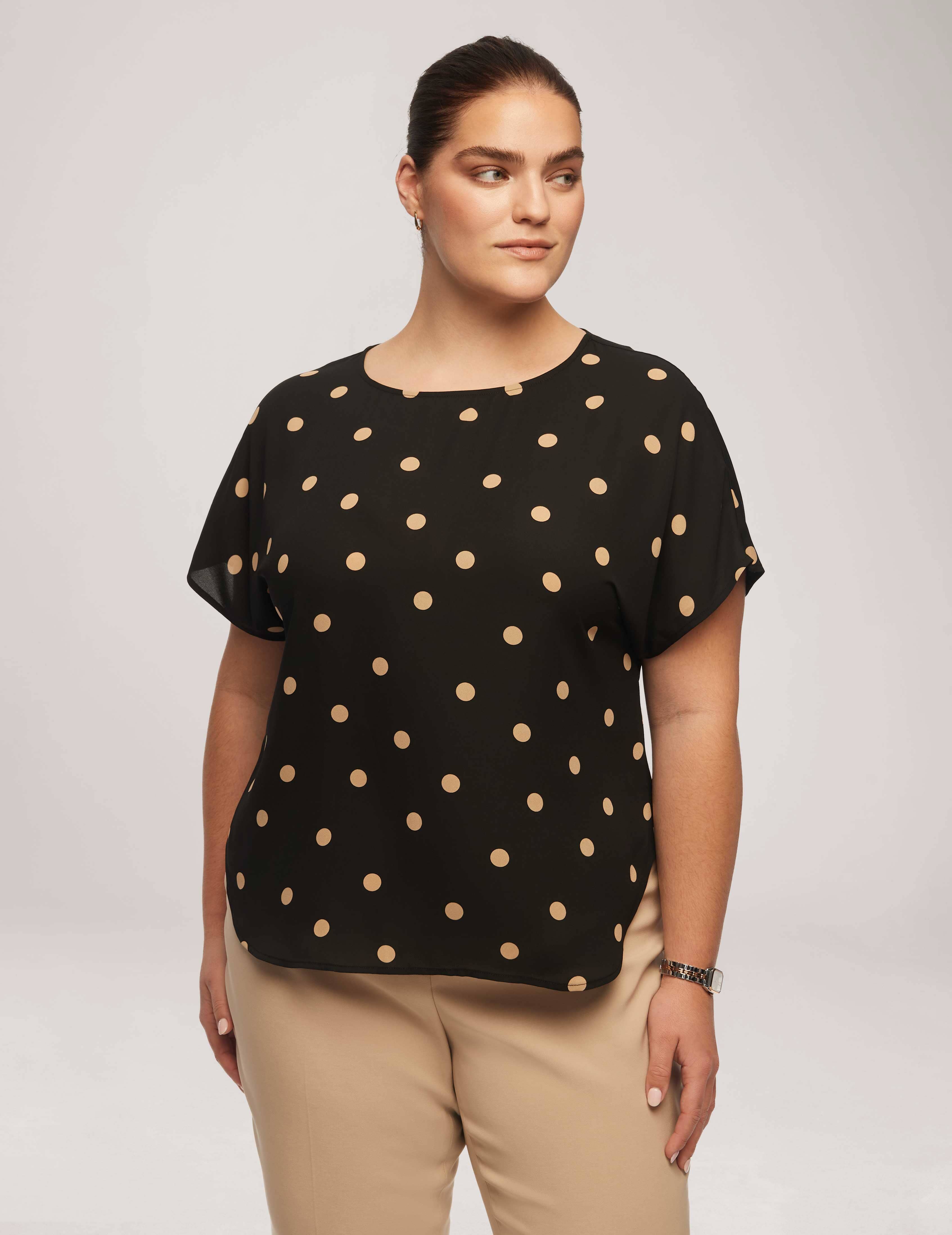 JanQ - Short-Sleeve Square Neck Dotted Blouse