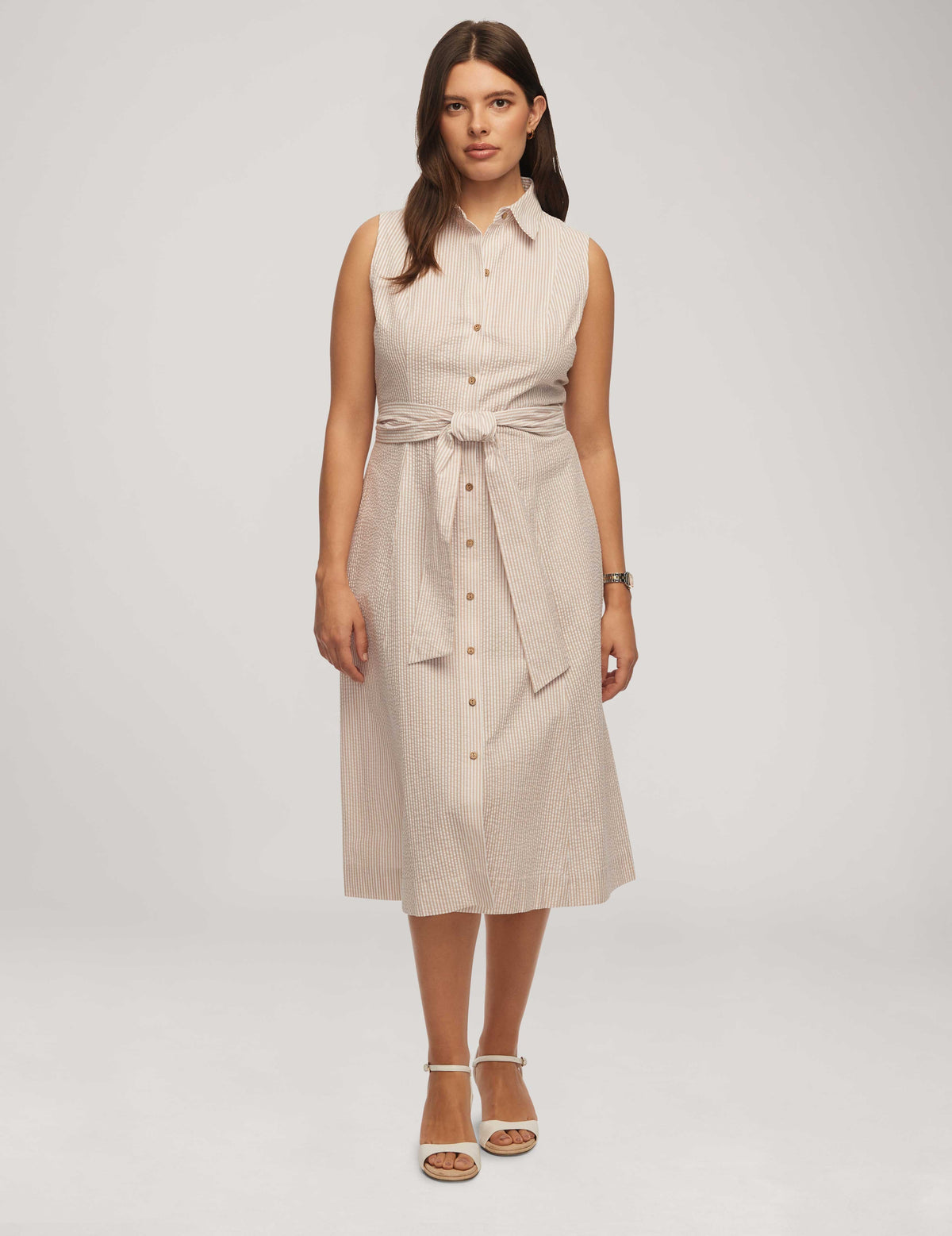 Anne Klein Latte/Bright White Seersucker Sleeveless Shirt Dress - Sale