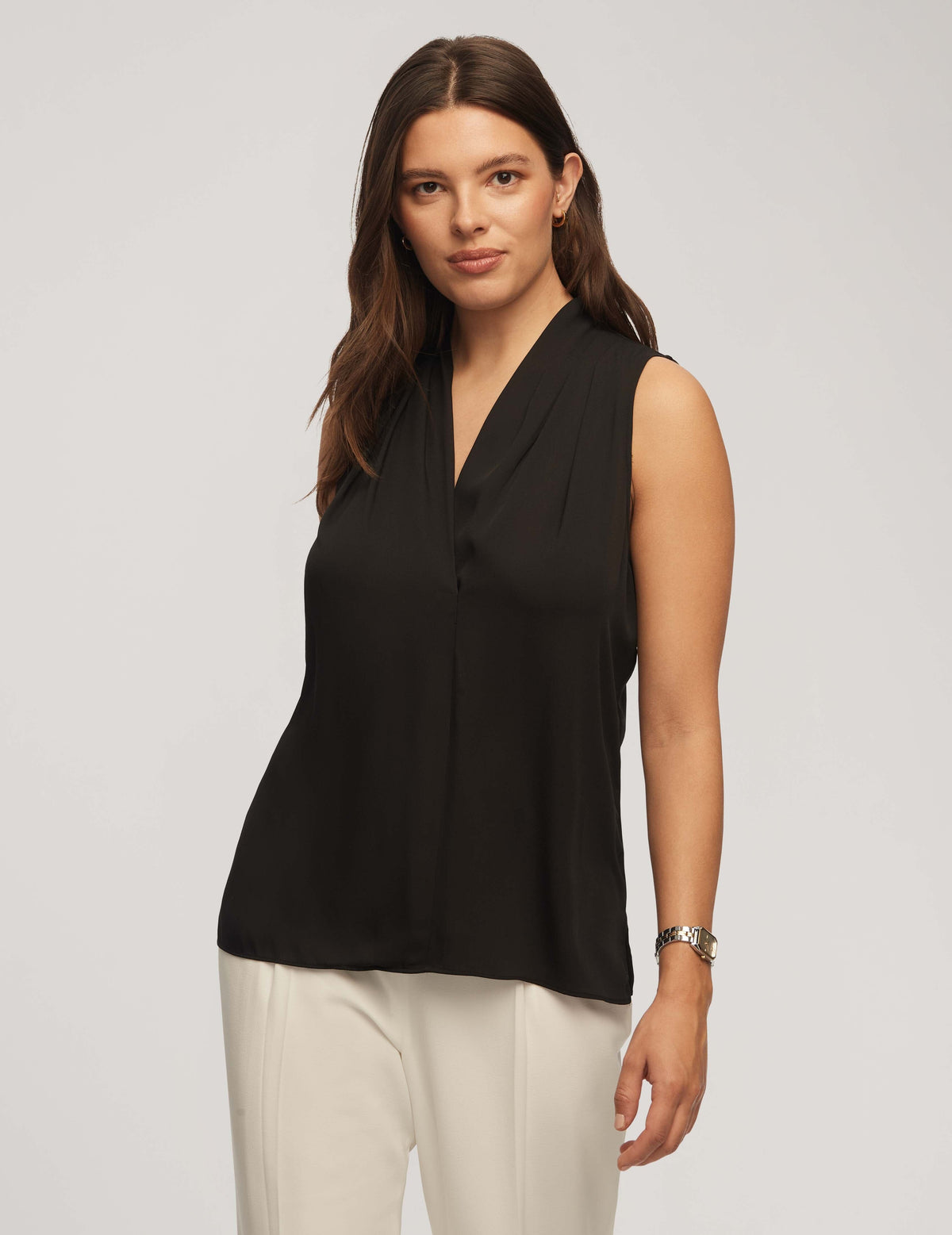 Anne Klein Anne Black Sleeveless Pleated Shoulder Blouse - Sale