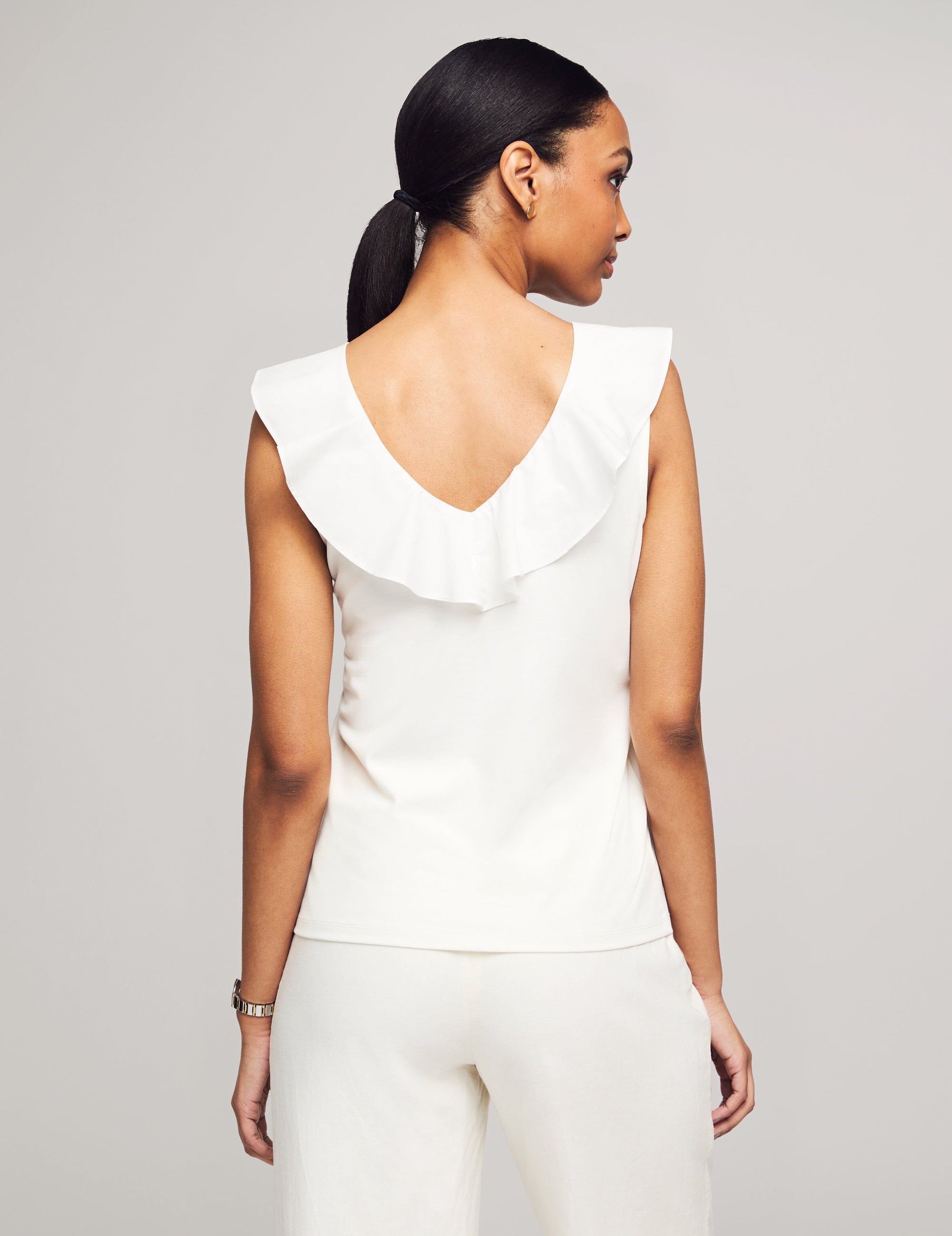 Anne Klein Bright White Harmony Woven Combo Flounce Top