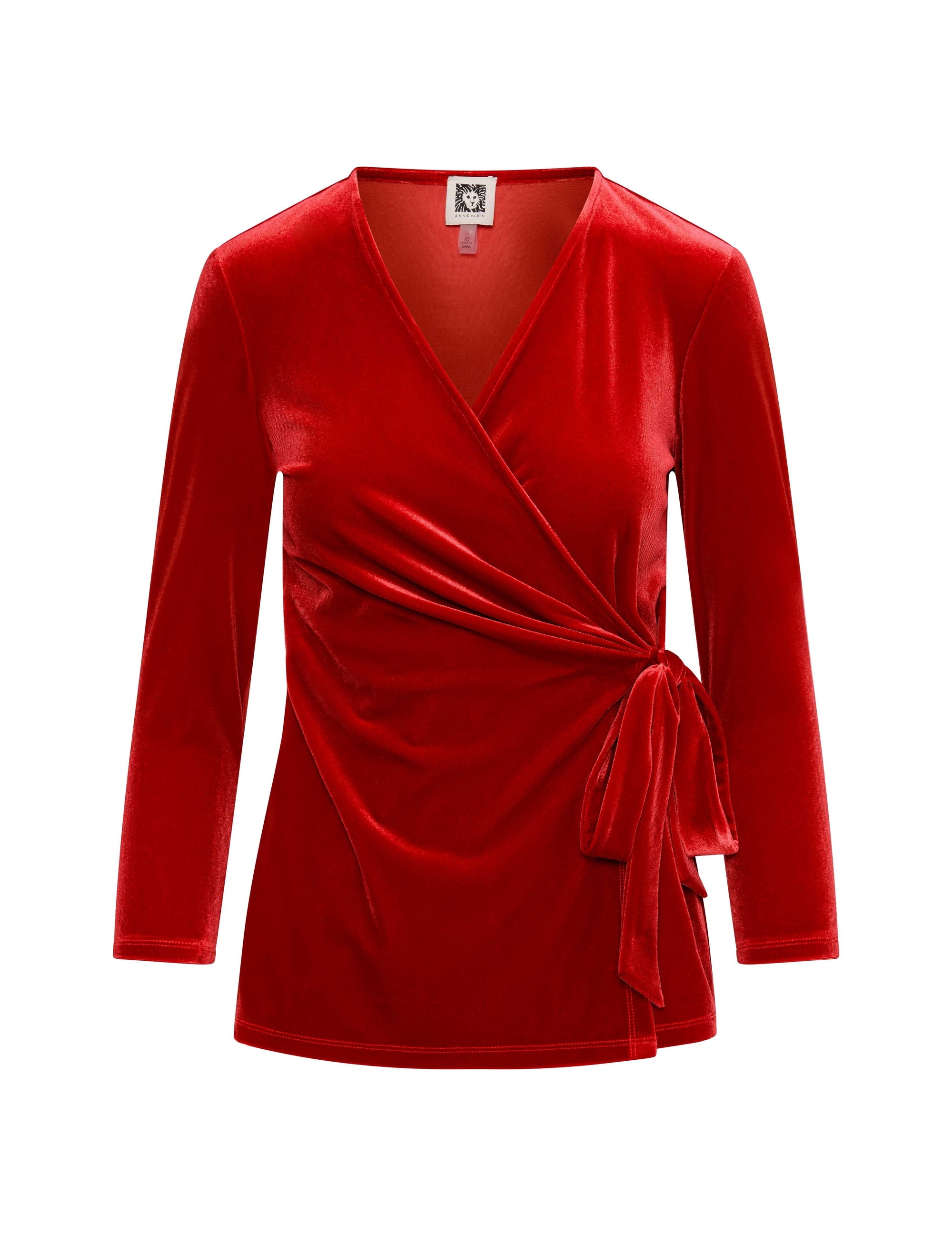 Anne Klein Titian Red Velour Three-Quarter Sleeve Wrap Top- Clearance