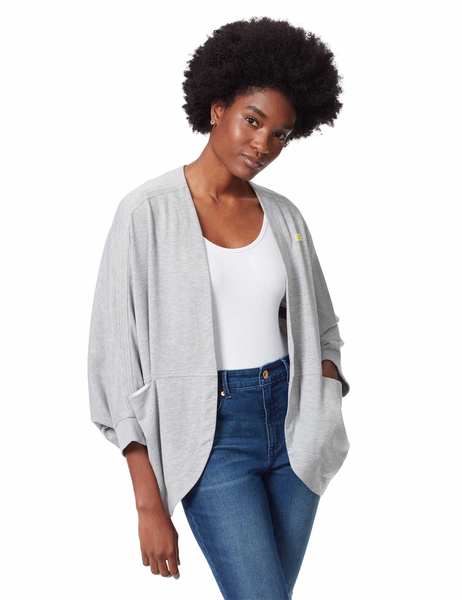 Anne Klein Zaylee Cocoon Wrap in heather grey with open front, 3/4 sleeves, and relaxed oversized silhouette