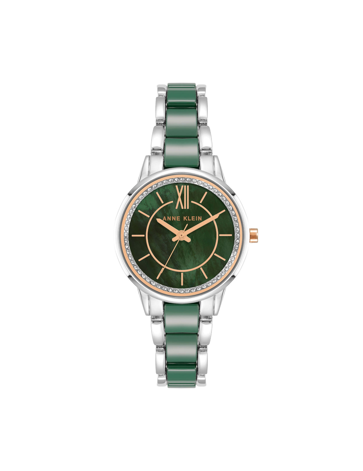 Anne Klein Silver-Tone/ Green Premium Crystal Ceramic Bracelet Watch
