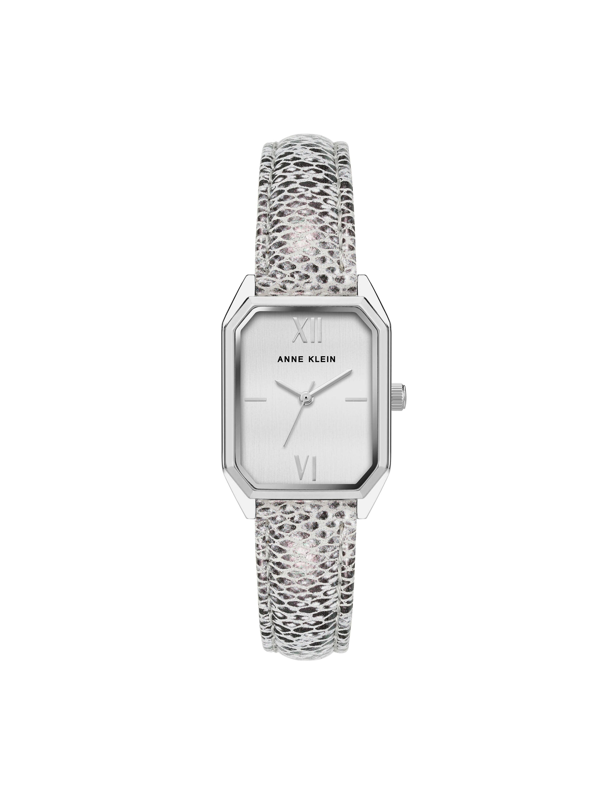Anne Klein Black/White/Silver-Tone Octagonal Shaped Leather Strap Watch