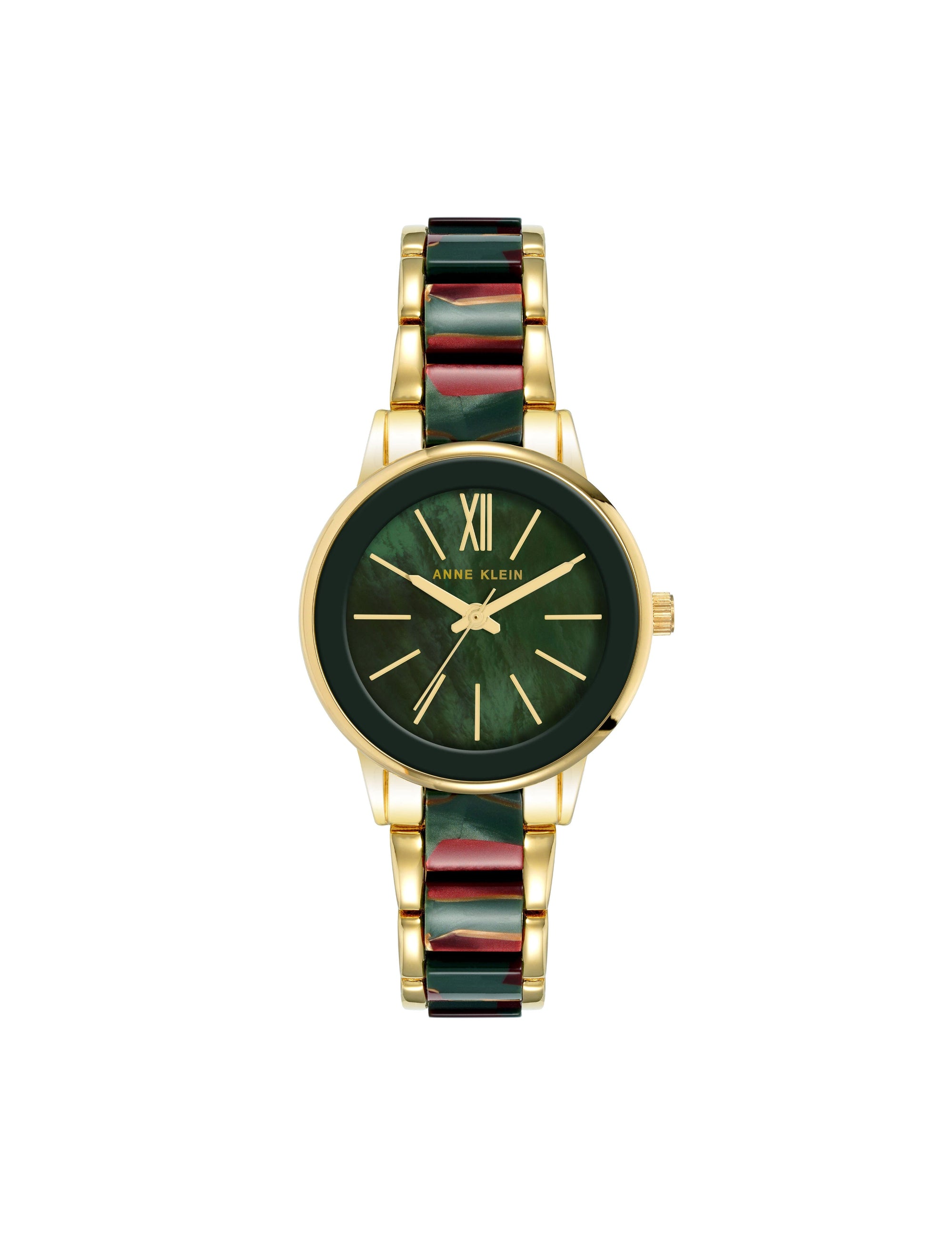 Anne Klein Gold-Tone/ Green/ Burgundy Resin Link Bracelet Watch