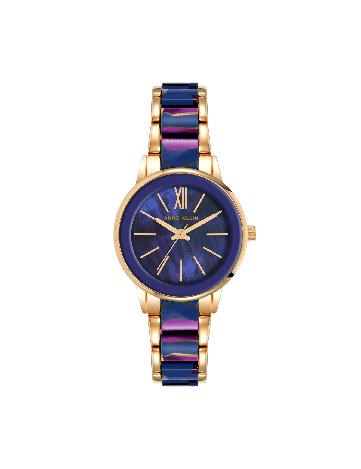 Anne Klein Rose Gold-Tone/ Navy/ Purple Resin Link Bracelet Watch