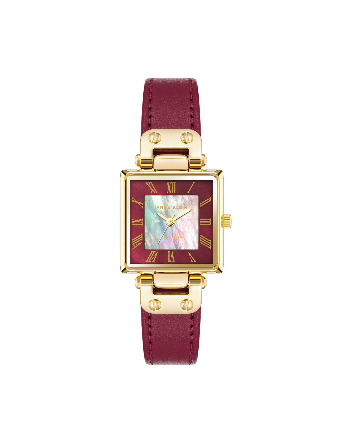 Anne Klein Gold-Tone&amp;Burgundy Consider It Solar Square Leather Strap Watch