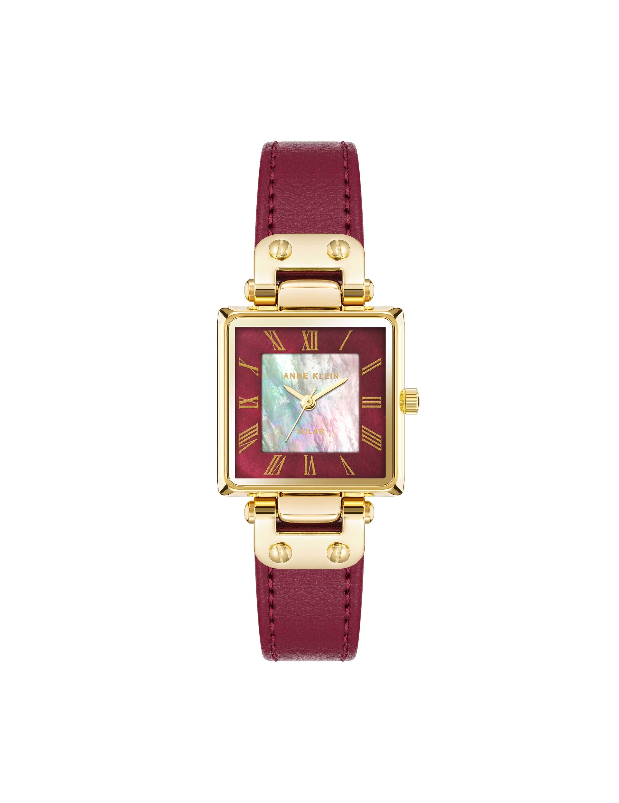 Considered Solar Square Leather Strap Watch Gold-Tone/Burgundy