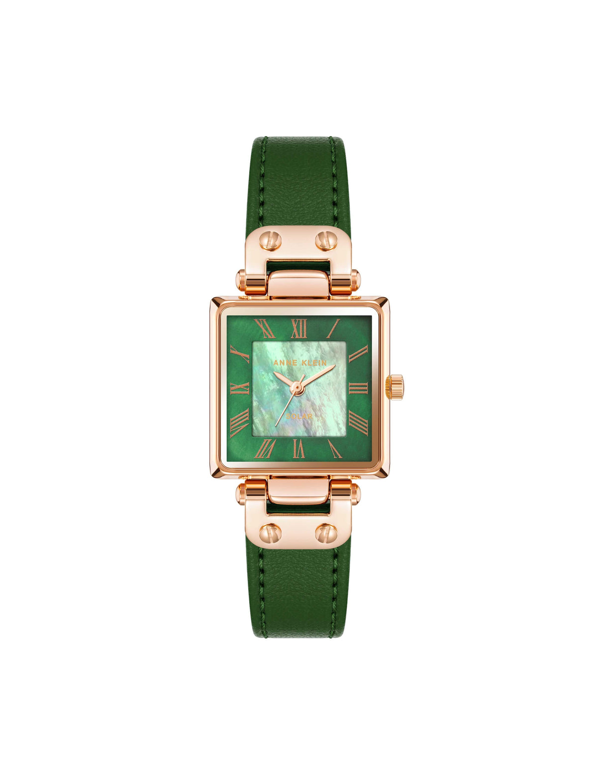 Anne Klein Green&amp;Rose Gold-Tone Consider It Solar Square Leather Strap Watch