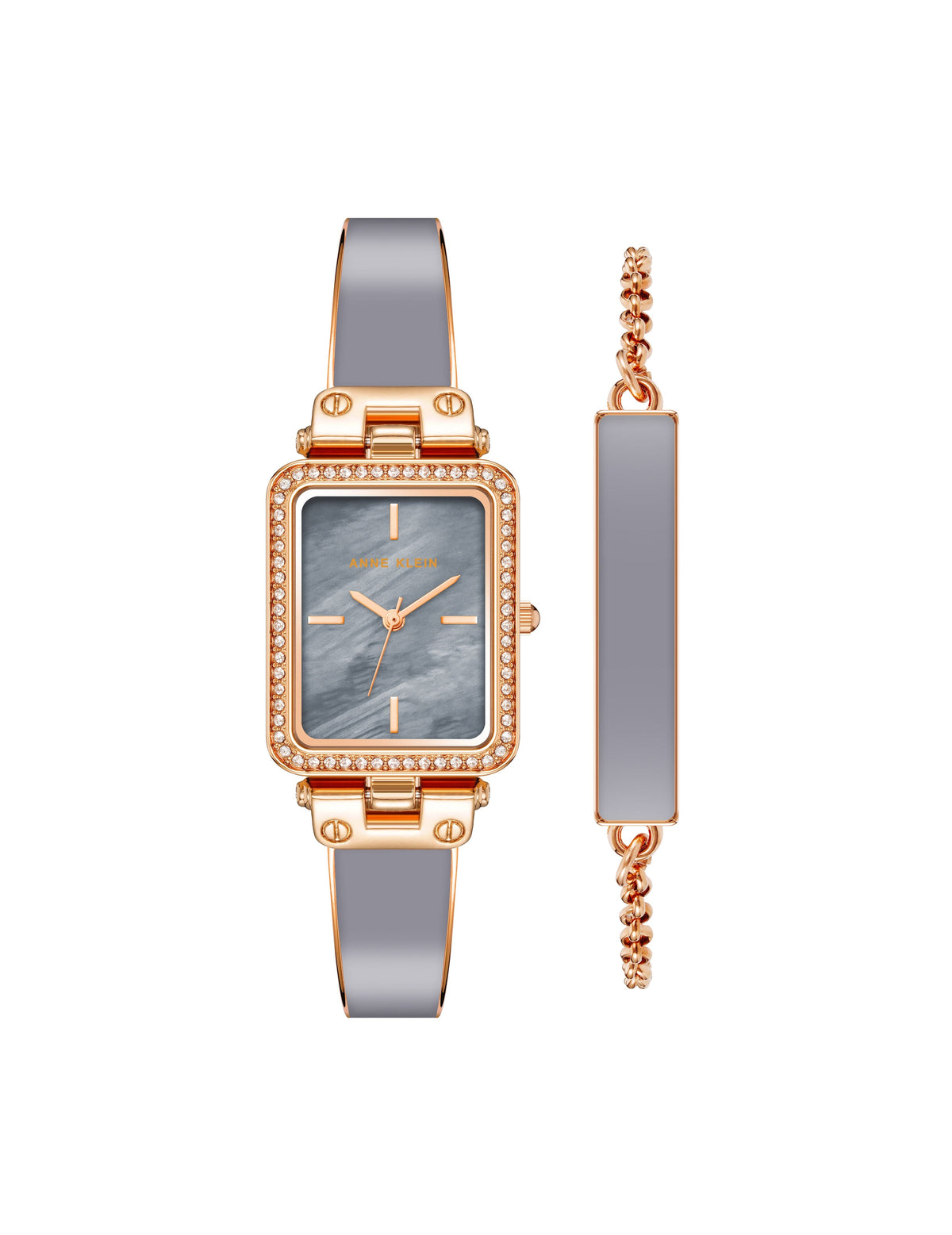 Anne Klein Grey/ Rose Gold-Tone Rectangular Case Watch and Bracelet Set