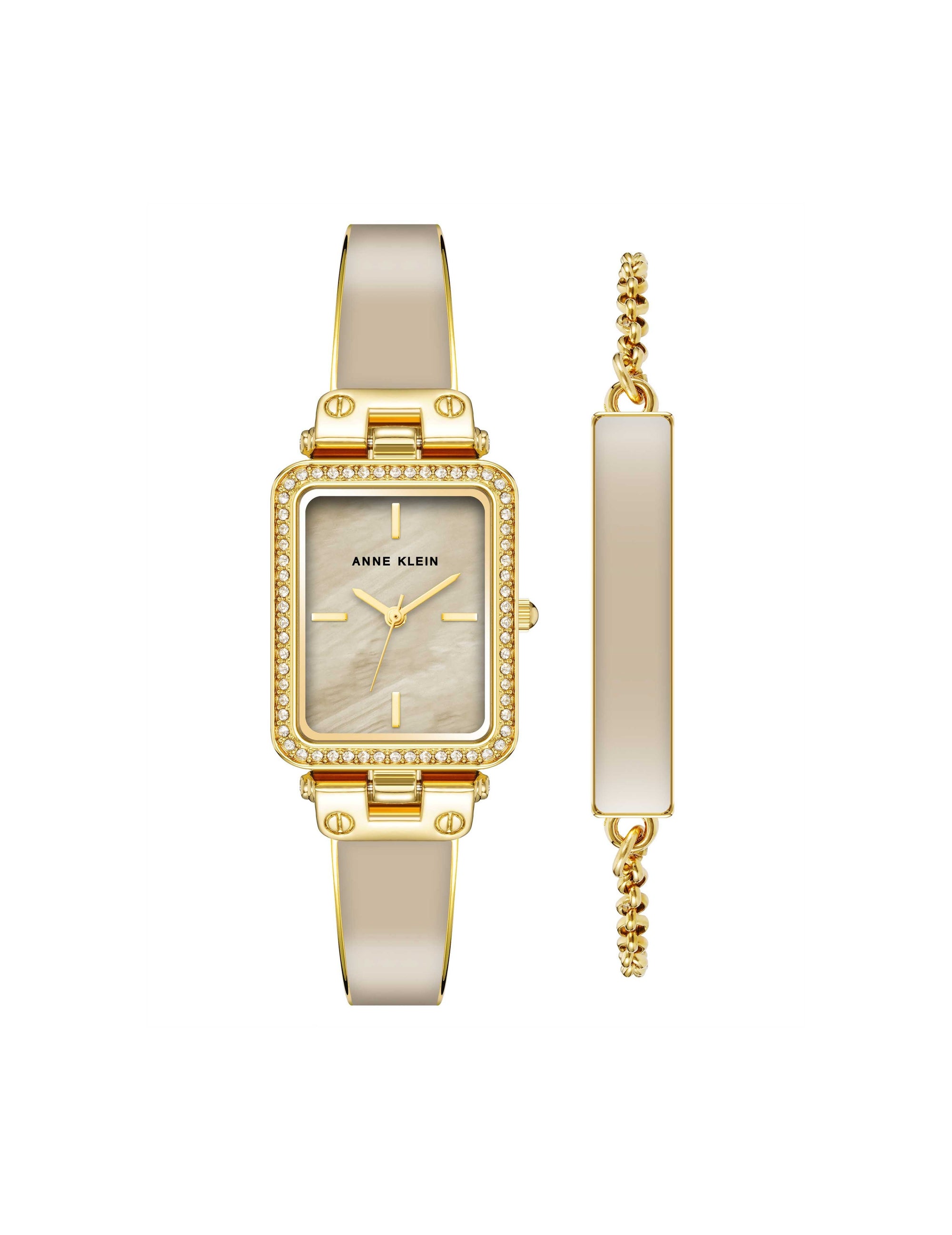 Anne Klein Rectangular Case Watch And Bracelet Set Tan/Gold-Tone