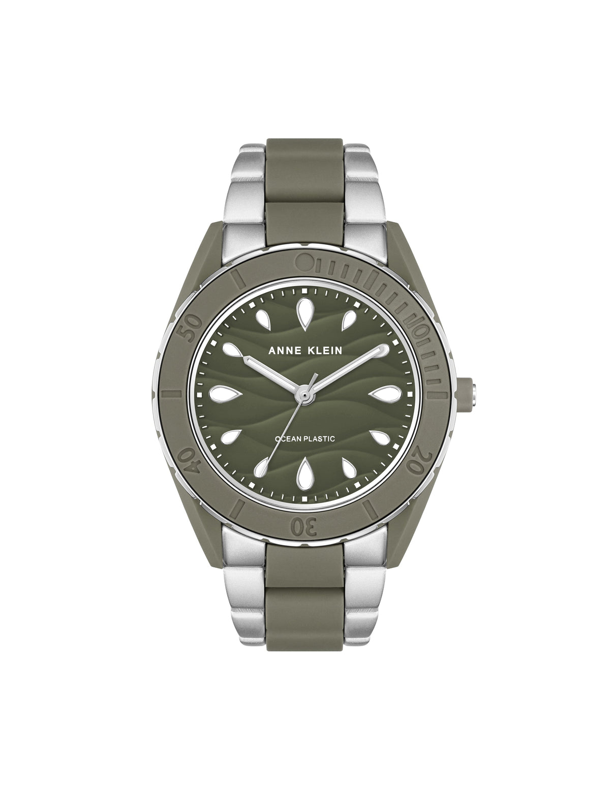 Anne Klein Silver-Tone/ Olive Green Consider It Solar Recycled Ocean Plastic Bracelet Watch