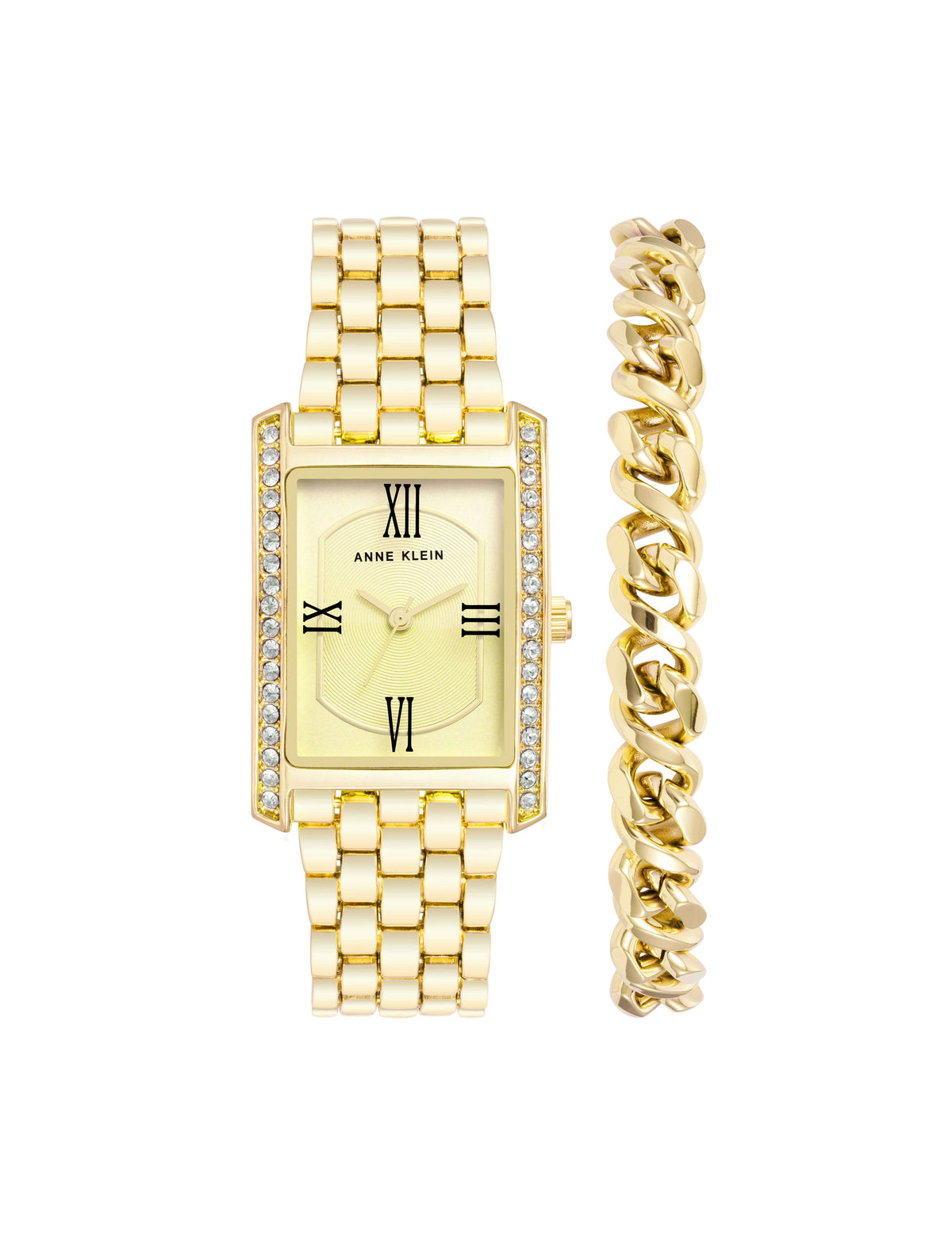 Anne Klein Gold-Tone Rectangular Crystal Accented Watch Set with Chain Bracelet
