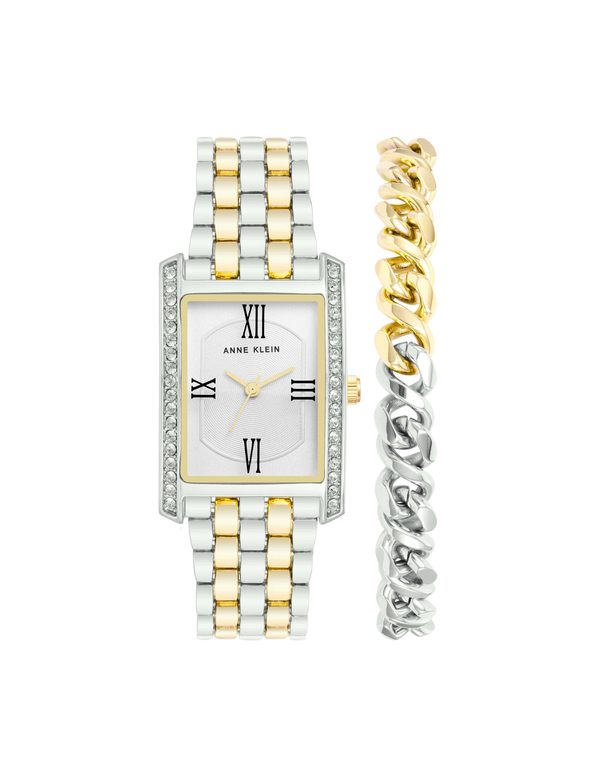 Anne Klein Silver-Tone/ Gold-Tone Rectangular Crystal Accented Watch Set with Chain Bracelet