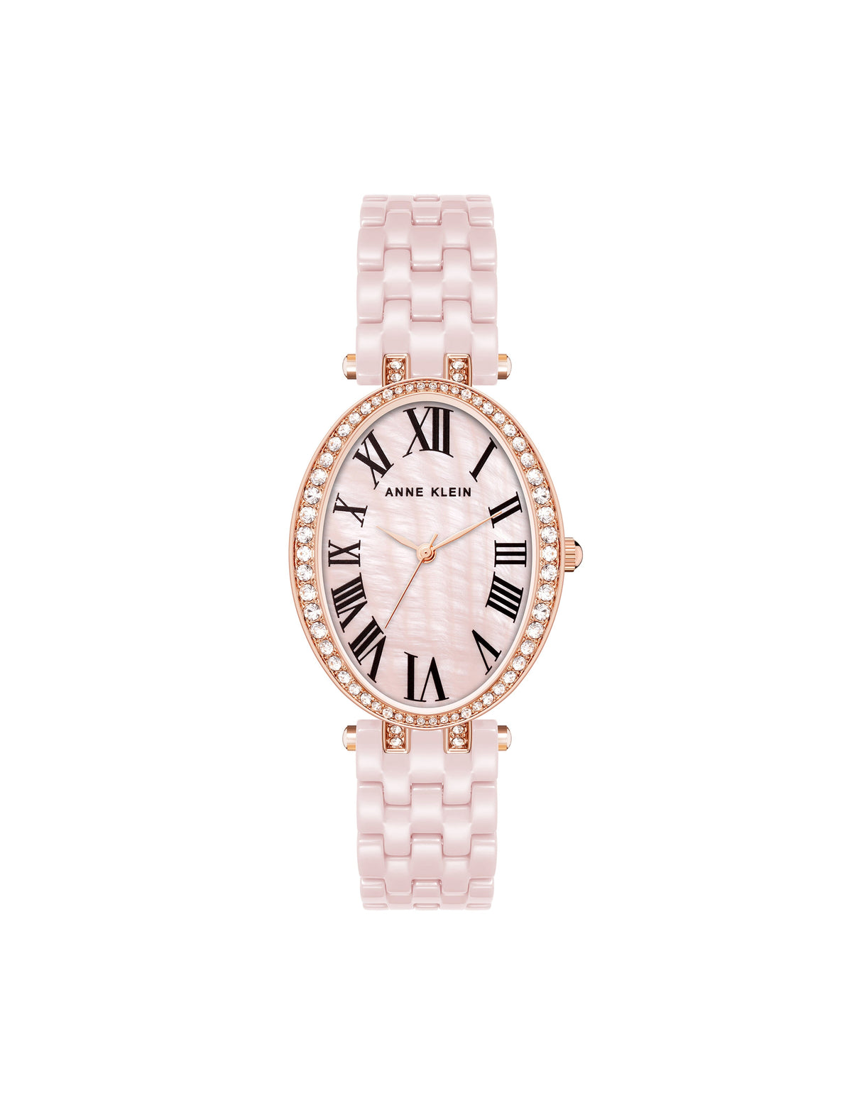 Anne Klein Pink/ Rose Gold-Tone Oval Crystal Accented Ceramic Bracelet Watch- Sale