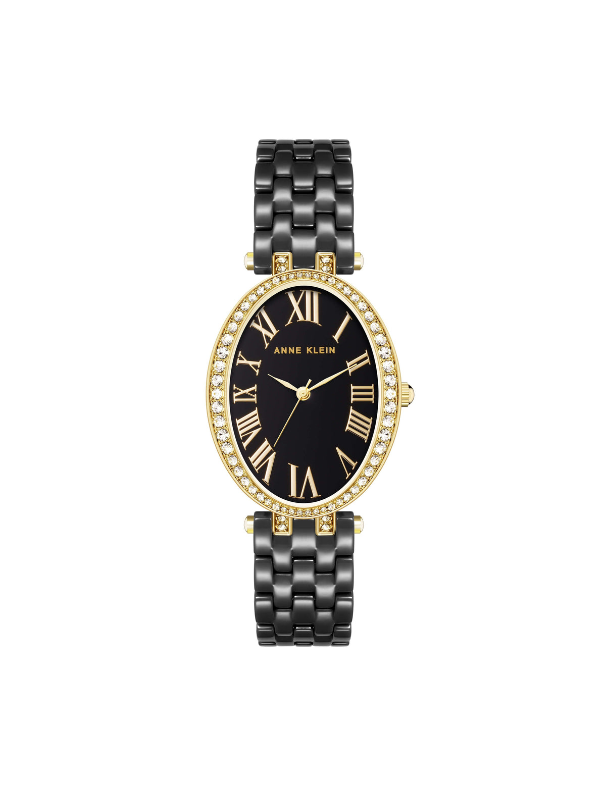 Anne Klein Black/ Gold-Tone Oval Crystal Accented Ceramic Bracelet Watch
