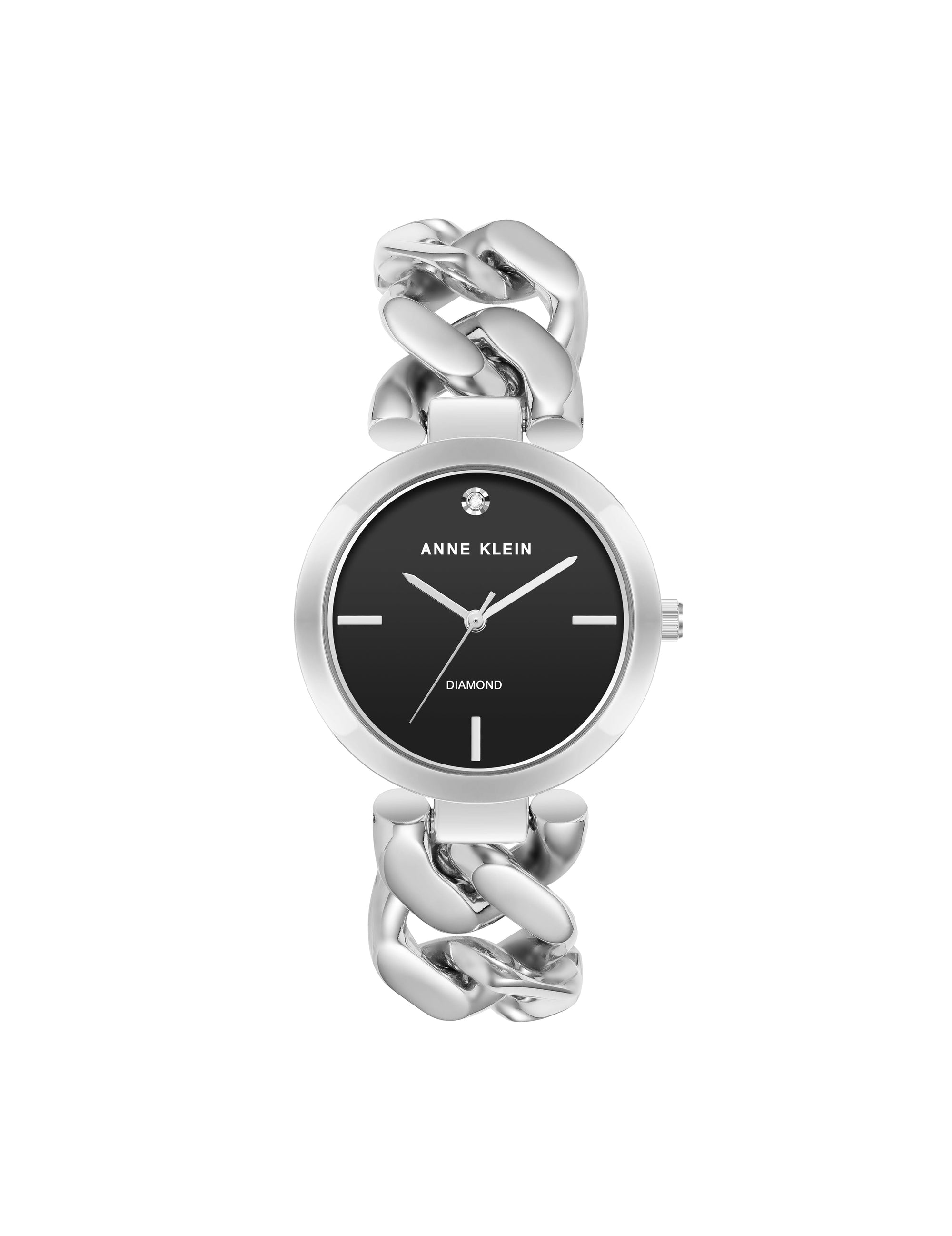 Anne Klein Silver-Tone/ Black Diamond Accented Round Case Bracelet Watch
