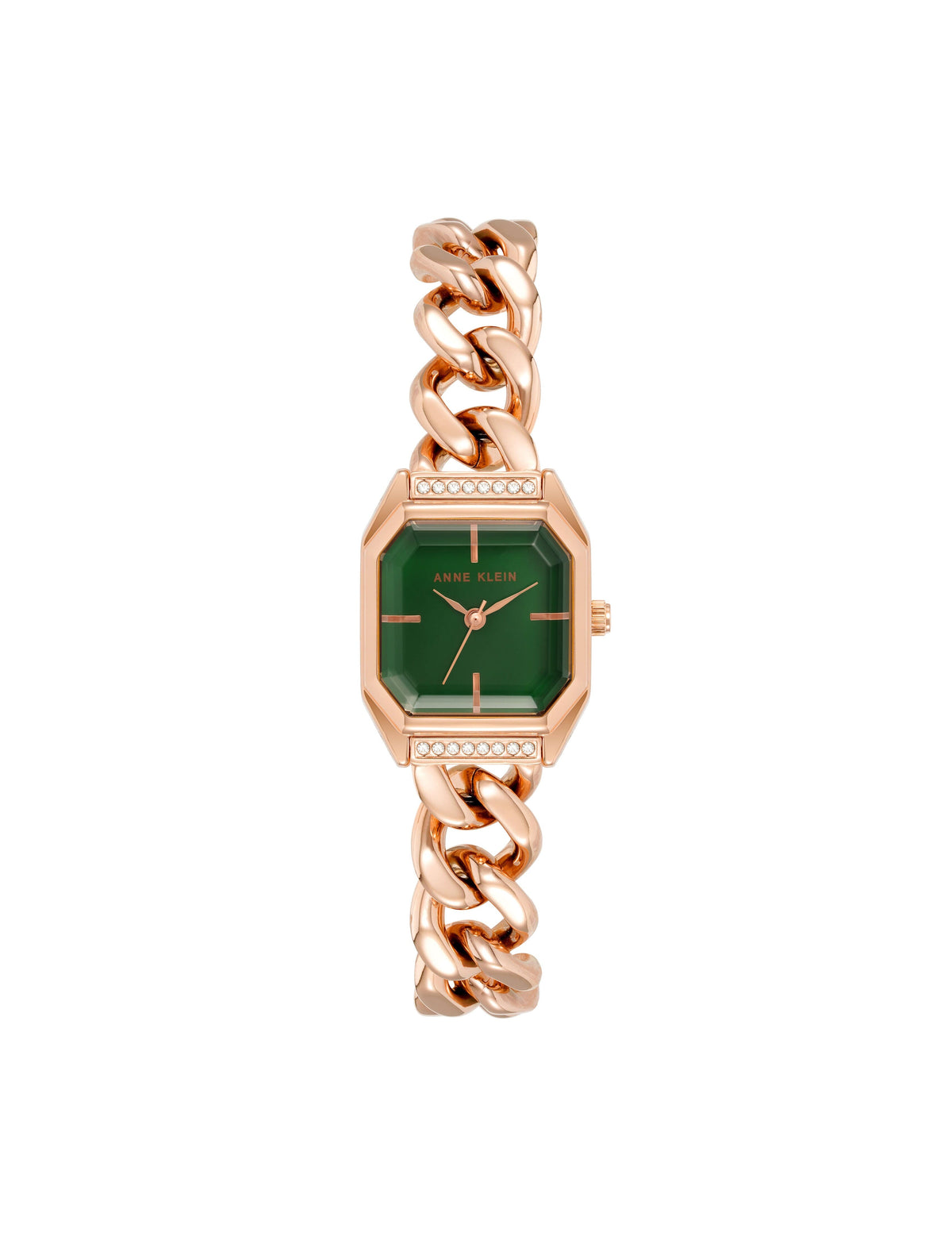 Anne Klein Rose Gold-Tone/ Green Octagonal Crystal Accented Chain Bracelet Watch
