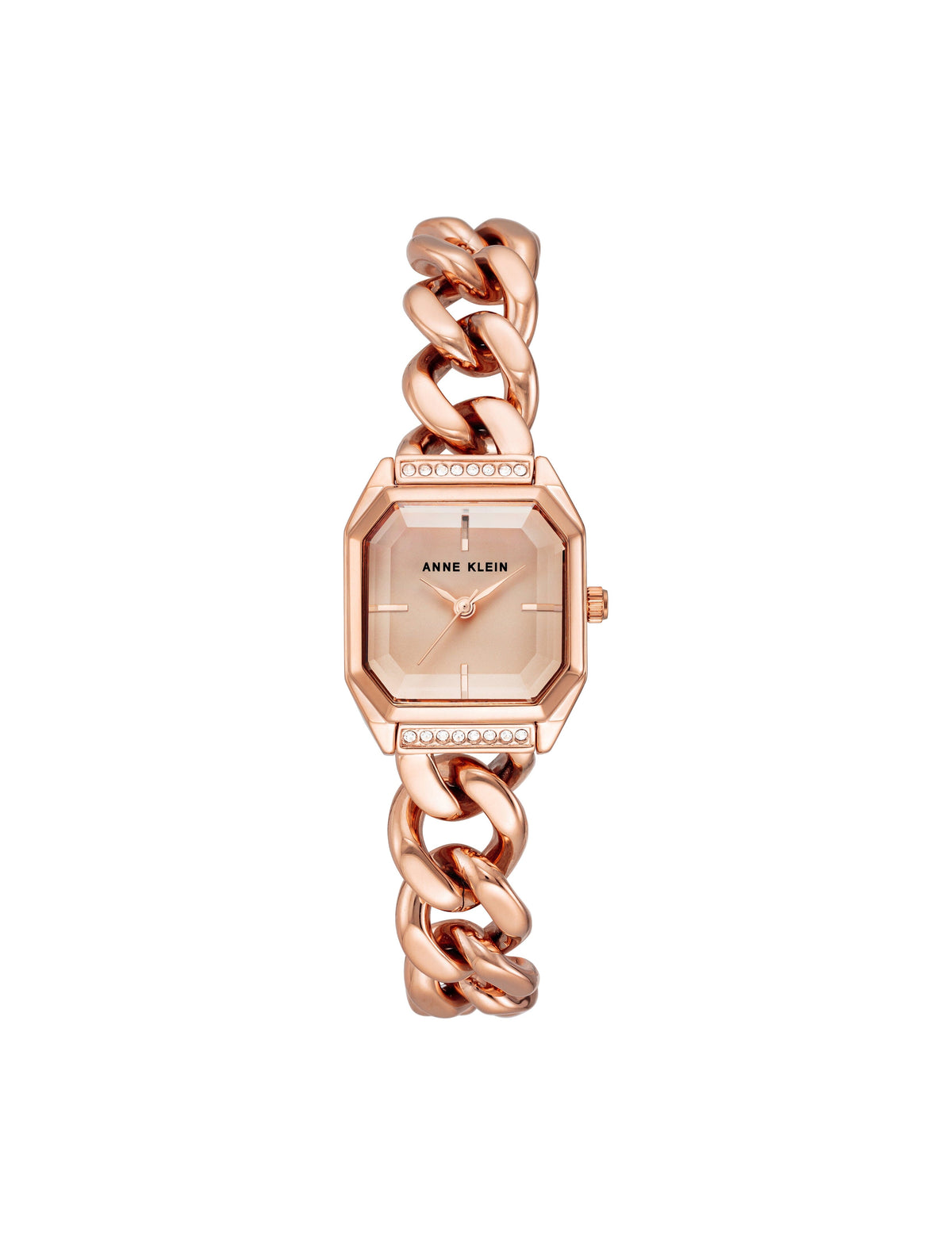 Anne Klein Rose Gold-Tone Octagonal Crystal Accented Chain Bracelet Watch