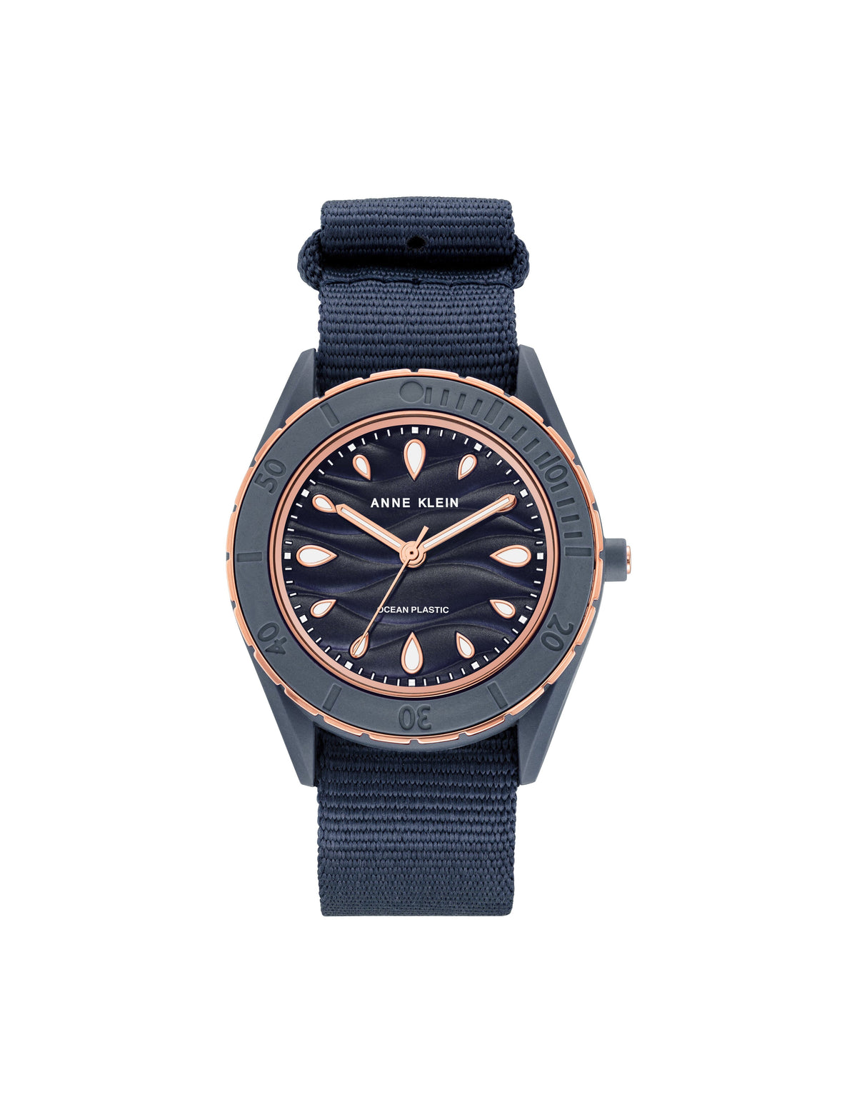 Anne Klein Rose Gold-Tone/ Navy Blue Consider It Solar Recycled Ocean Plastic Woven Strap Watch
