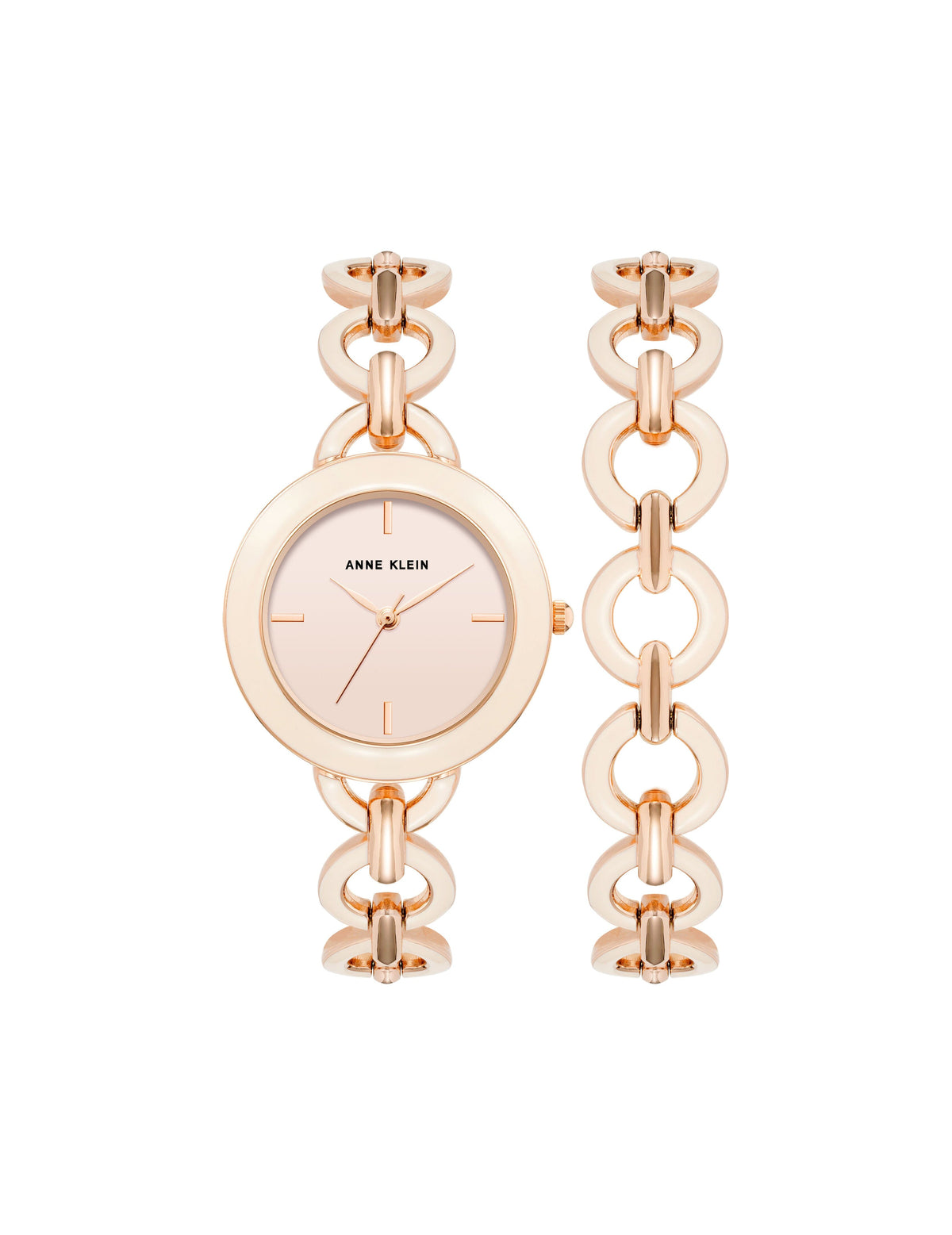 Anne Klein Blush Pink/ Rose Gold Tone Boyfriend Circular Link Bracelet Watch Set