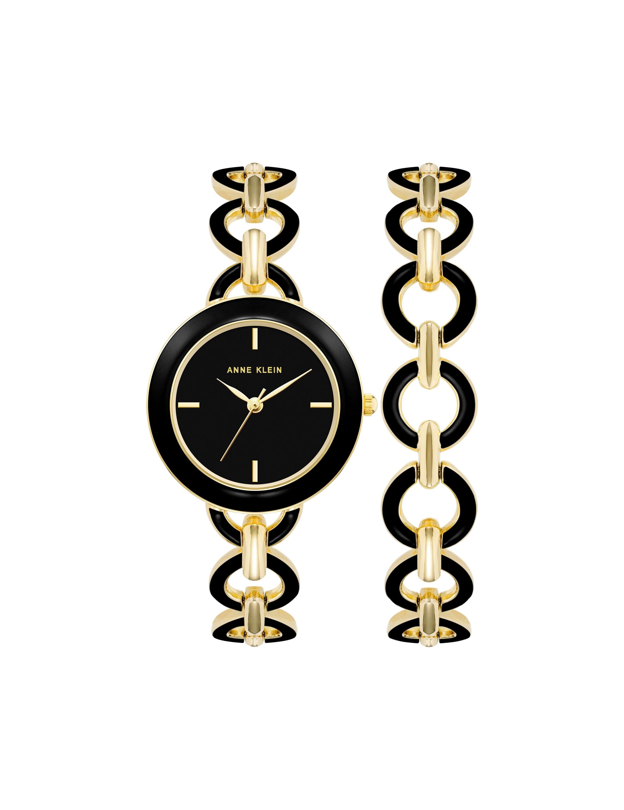 Anne Klein Black/ Gold Tone Boyfriend Circular Link Bracelet Watch Set