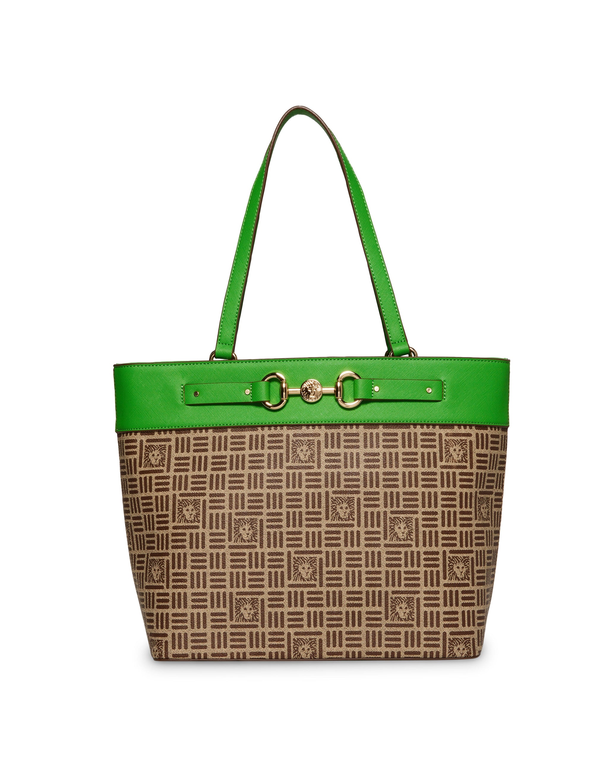 Anne Klein Cream Brown Lion Logo/Grass Green Large Lion Logo Tote
