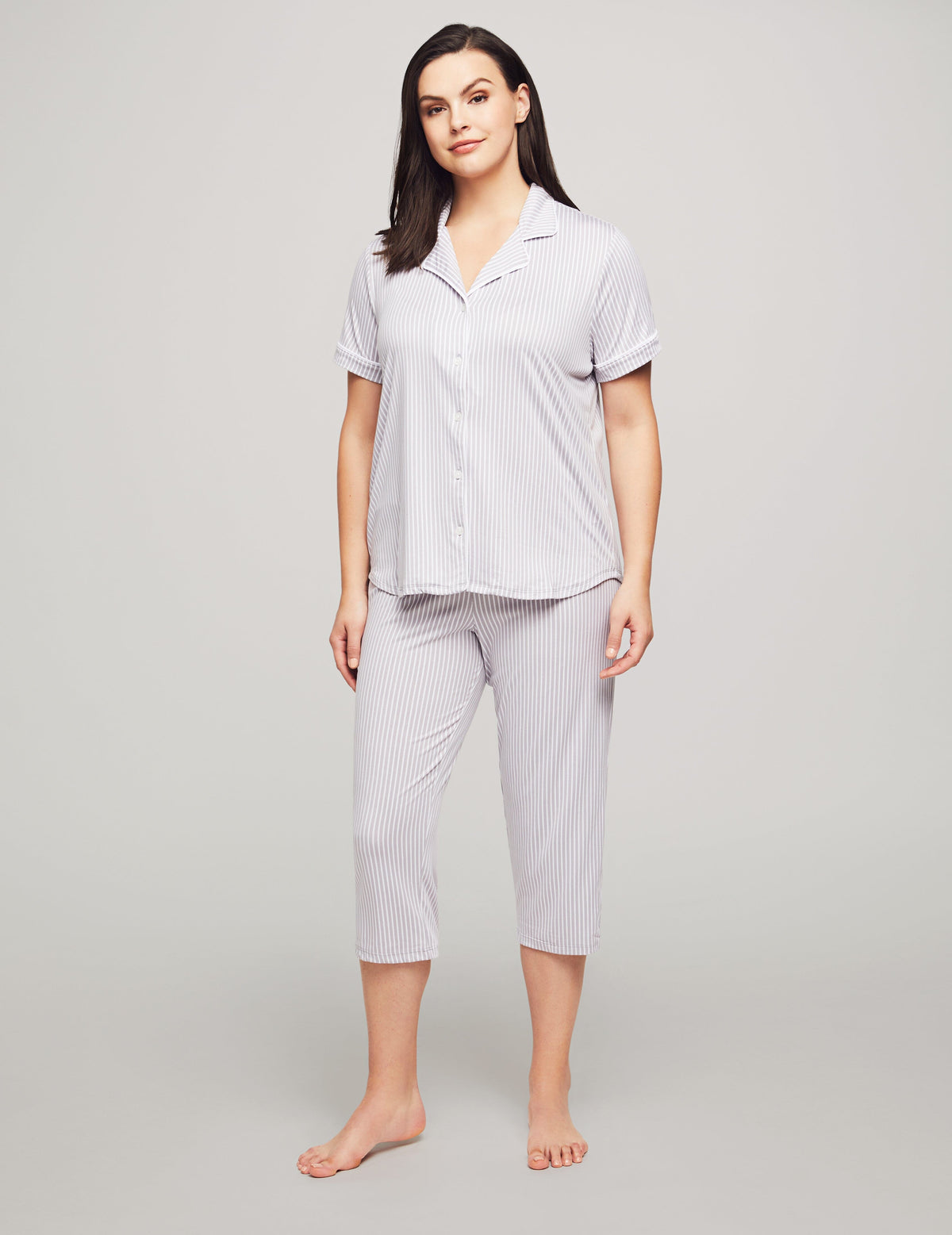 Anne Klein Grey Stripe Short Sleeve Capri Pajama Set