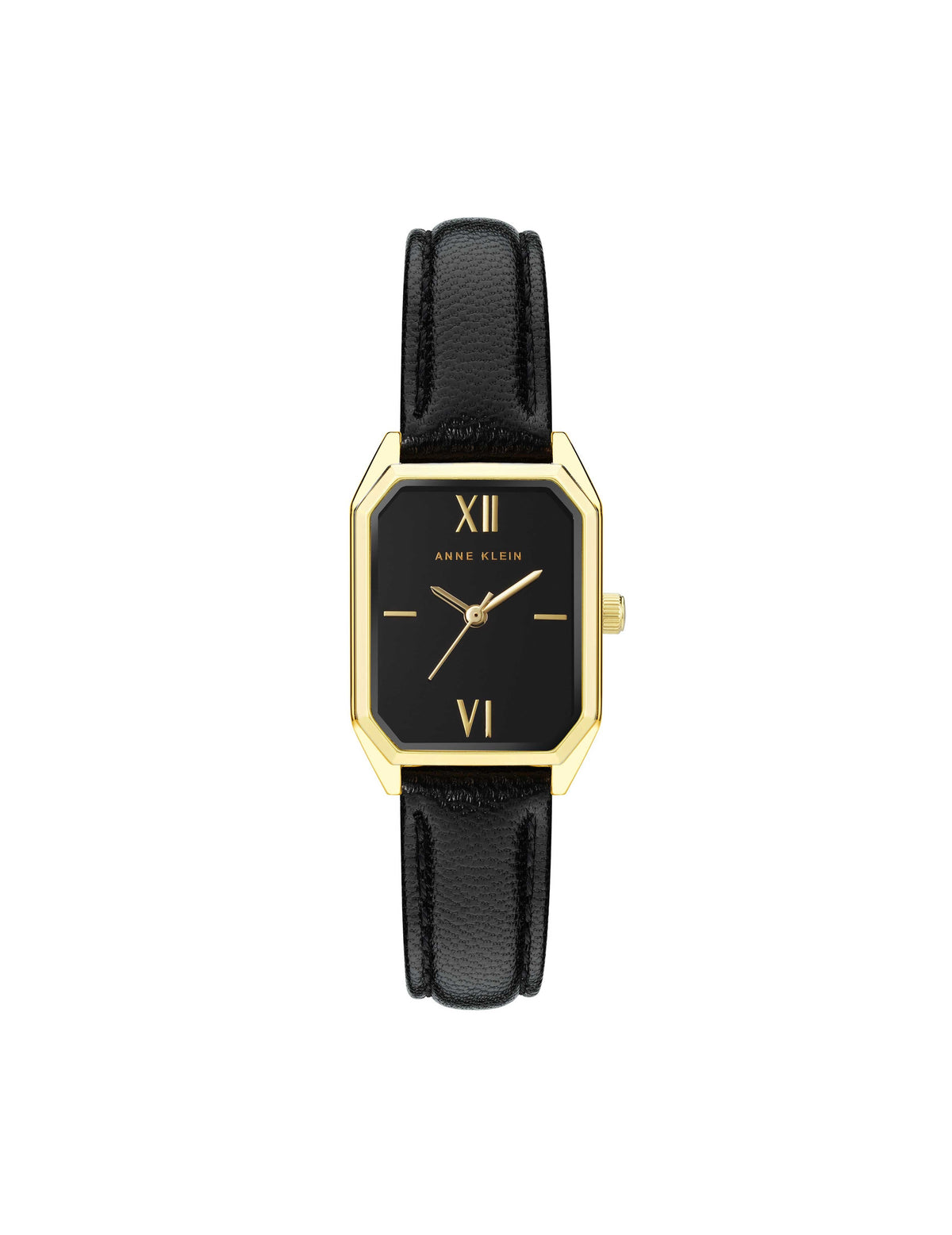 Anne Klein Black&amp;Gold-Tone Octagonal Shaped Leather Strap Watch