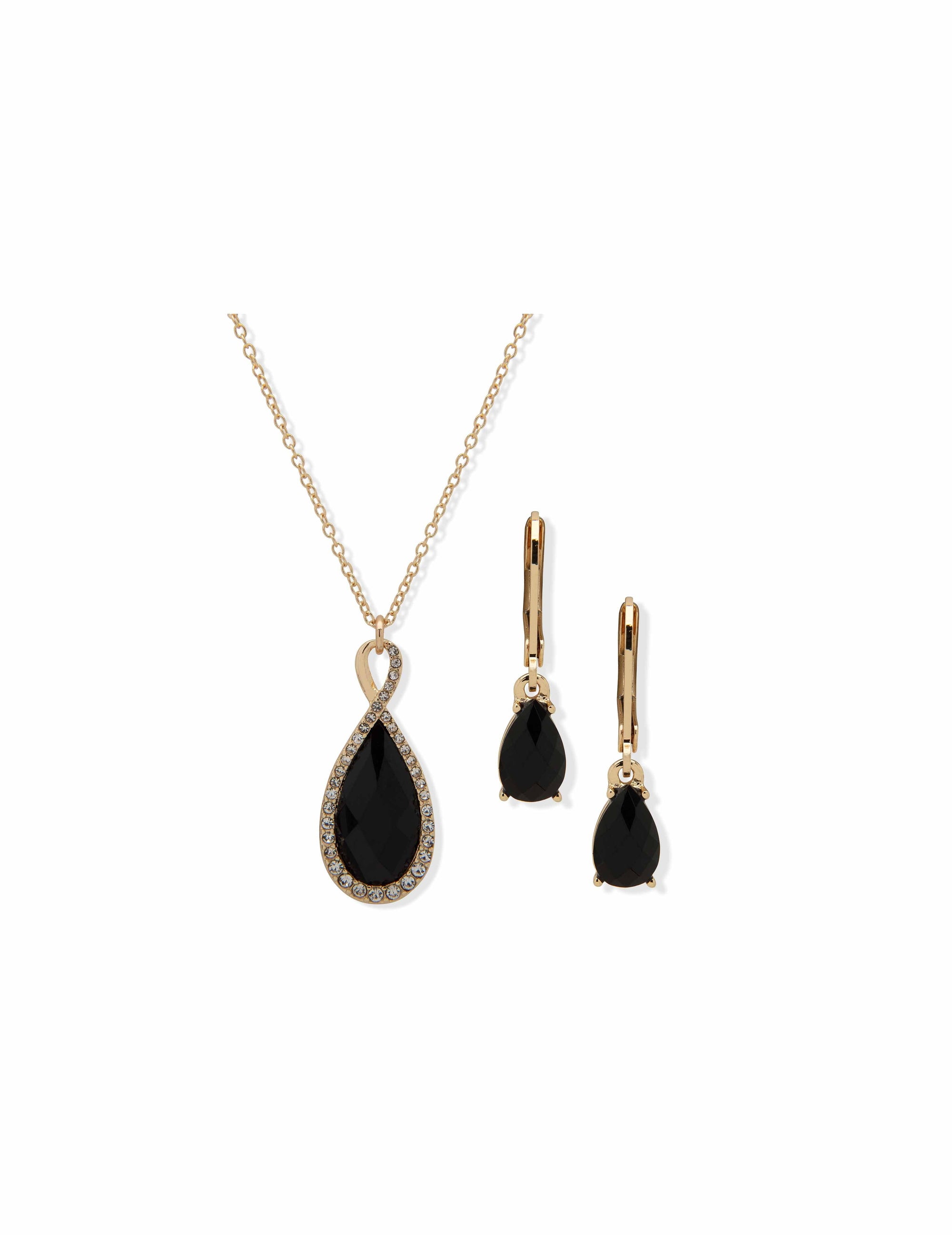 Anne Klein Black&Gold-Tone Crystal Tear Drop Pendant & Earring Pouch Set