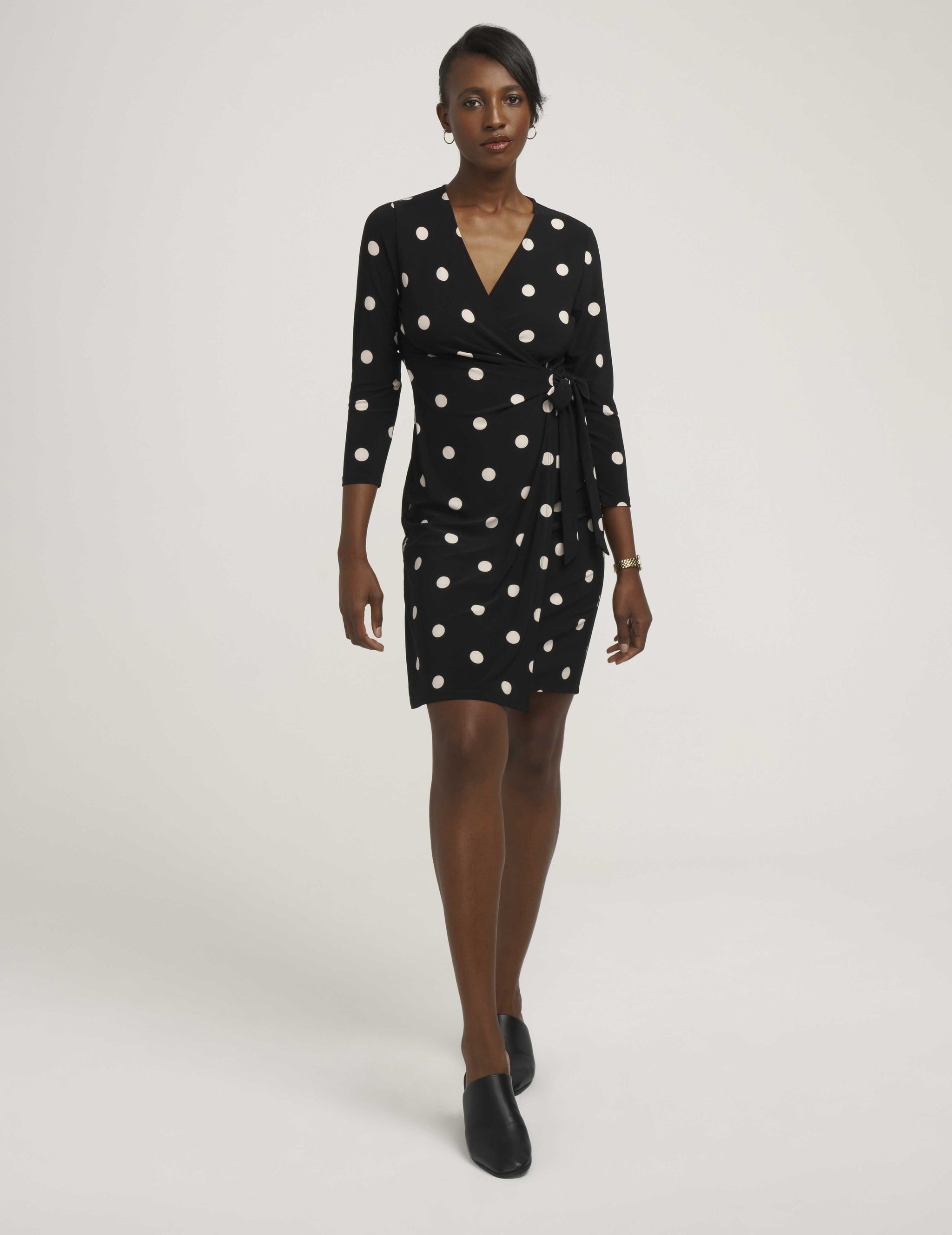 petite wrap dress long sleeve Petite Dot Print Faux Wrap Dress