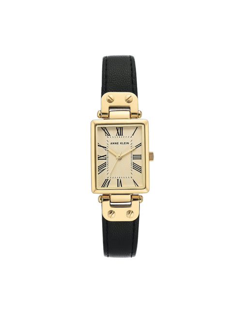 Anne Klein Black&Gold-Tone Rectangular Case Leather Strap Watch