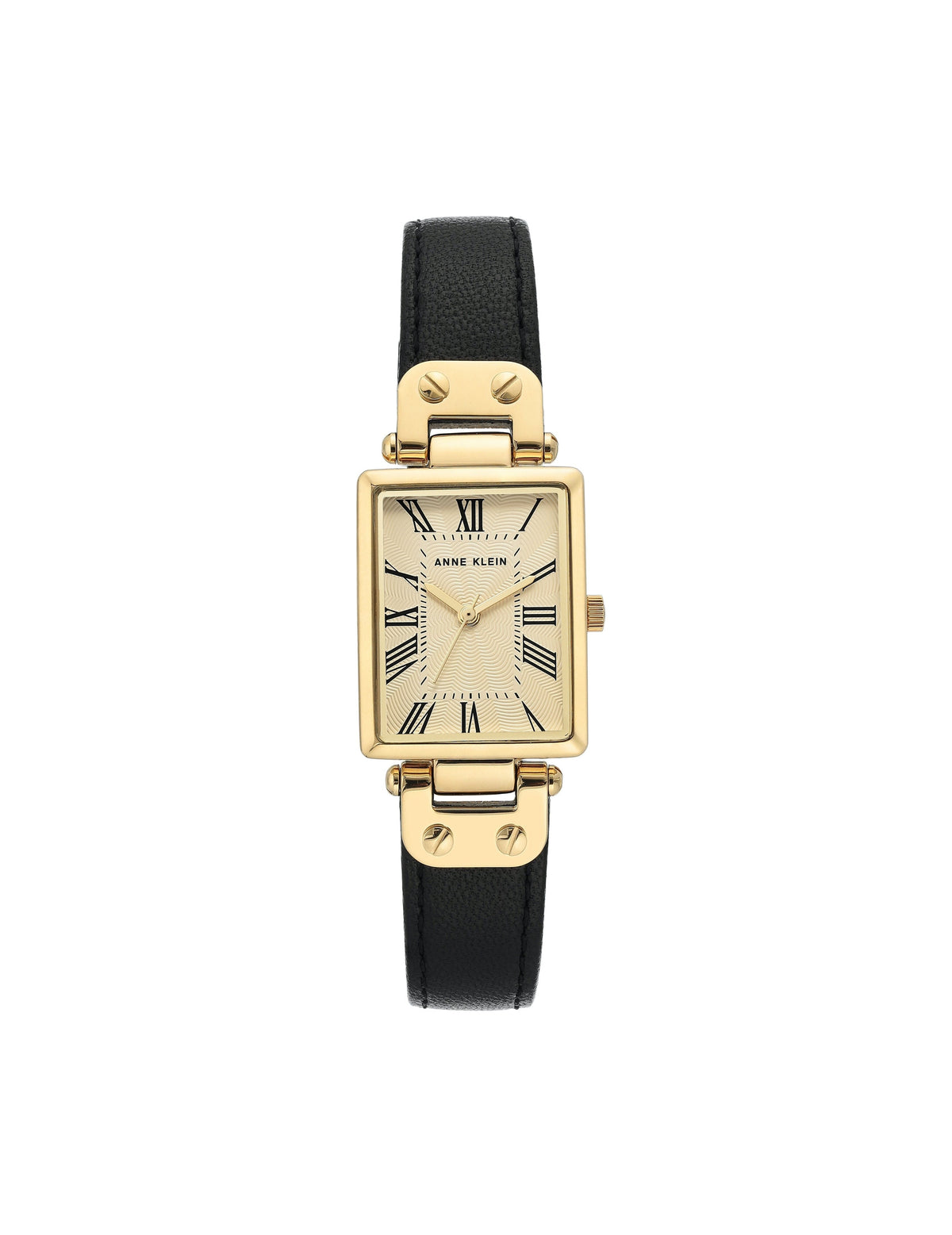 Anne Klein Black&amp;Gold-Tone Rectangular Case Leather Strap Watch