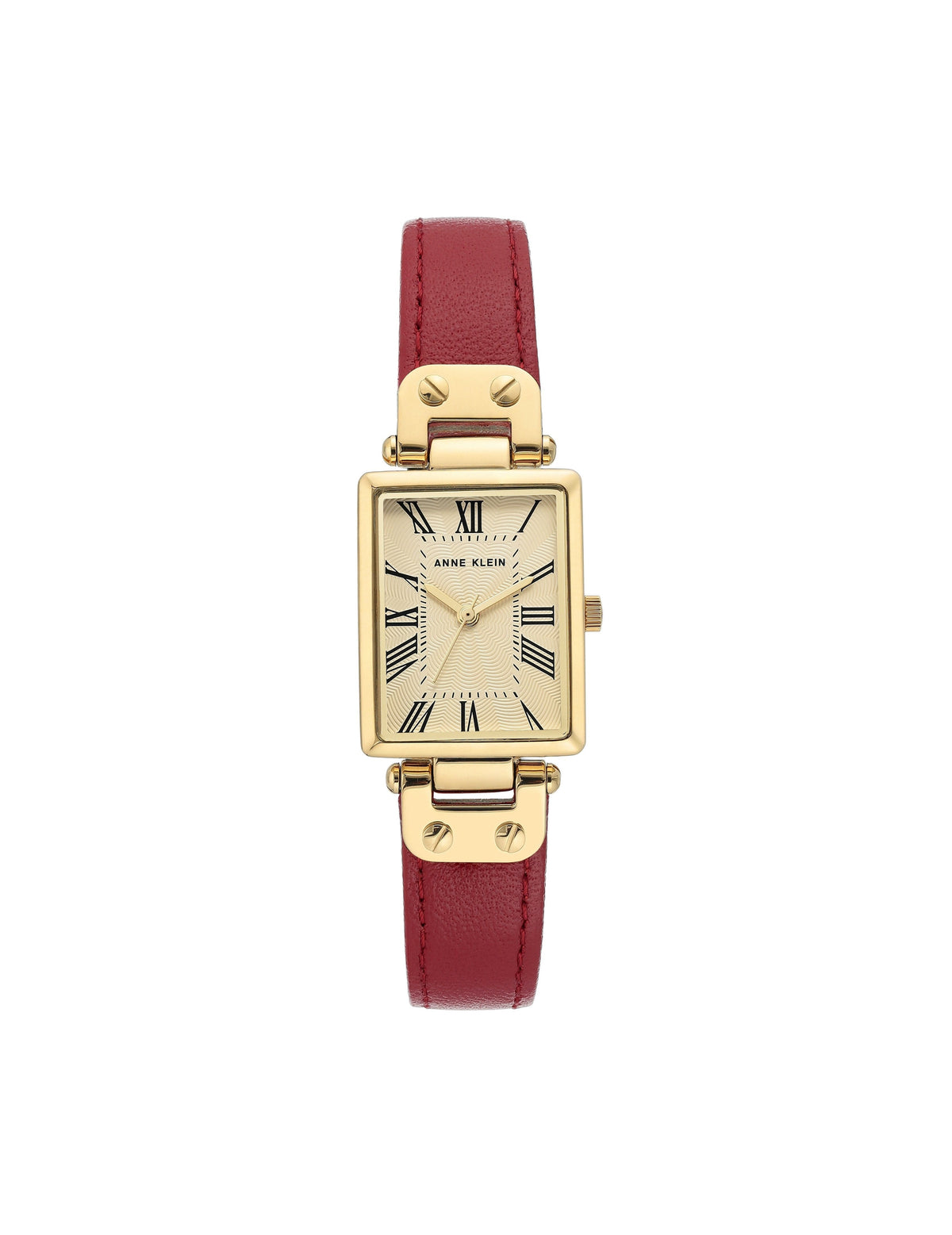 Anne Klein Red&amp;Gold-Tone Rectangular Case Leather Strap Watch