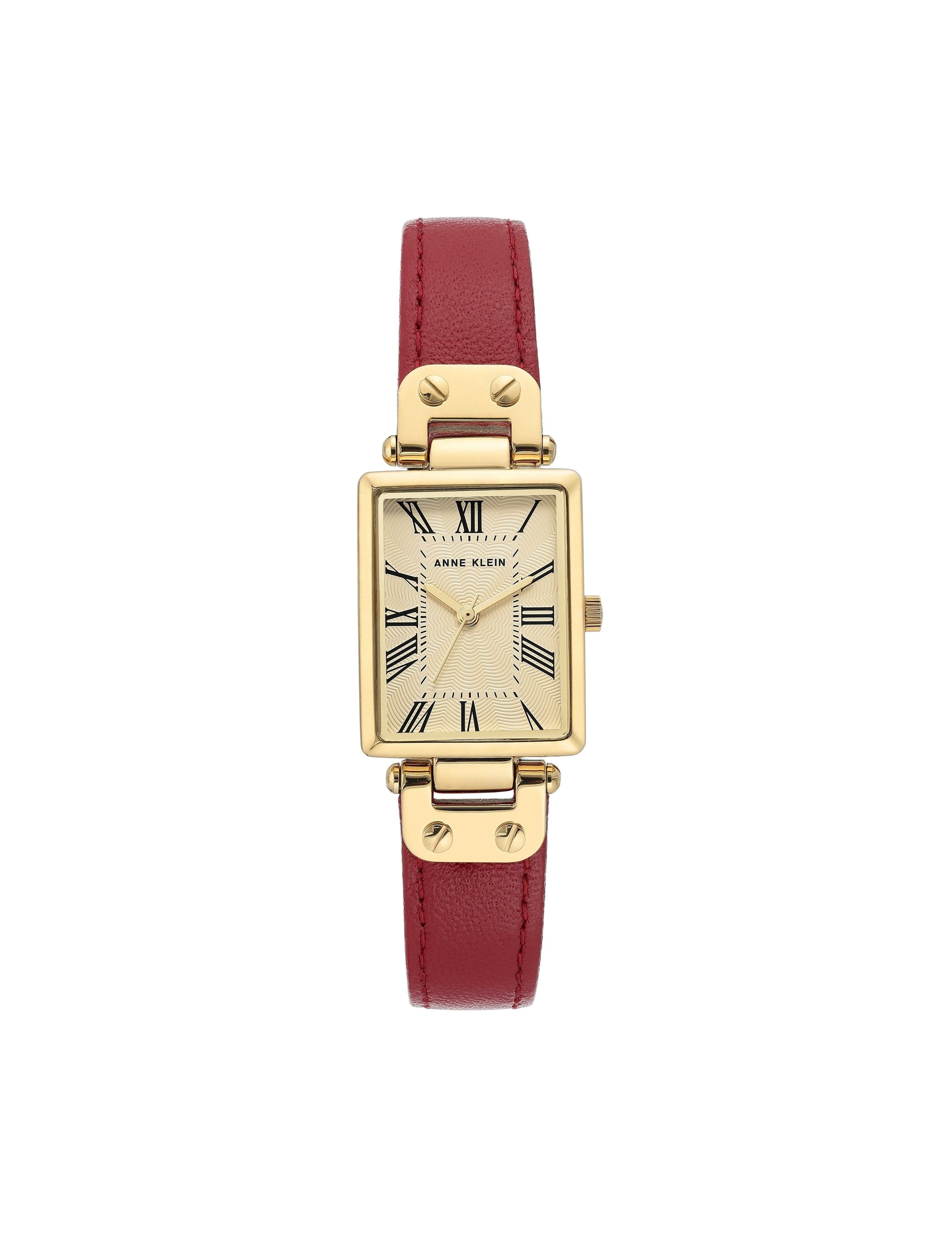 Anne Klein Red&Gold-Tone Rectangular Case Leather Strap Watch