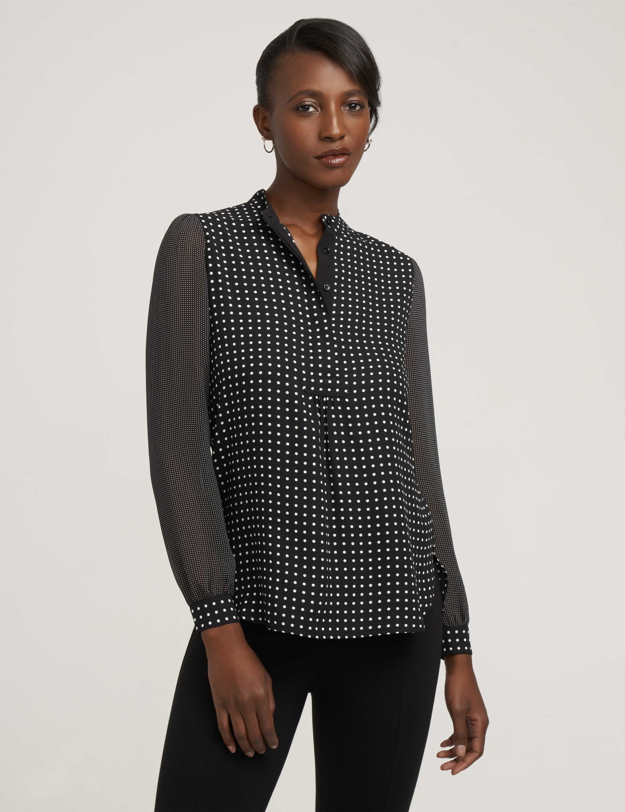 Anne Klein Black/White Long Sleeve Dot Poet Blouse With Combo Sleeves