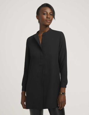 Anne Klein Anne Black Petite Pop-Over Blouse With Covered Placket And Side Slits