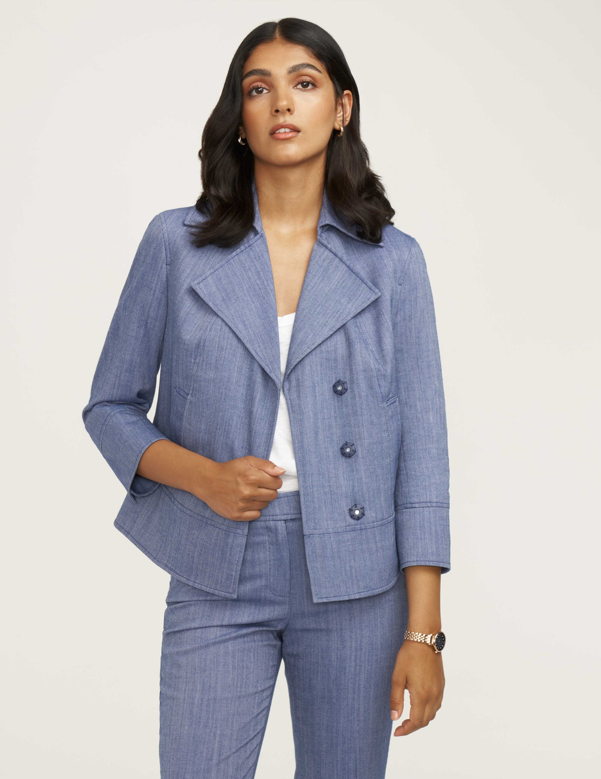 Anne Klein Magritte Blue/ NYC White Twill Cropped Jacket- Sale