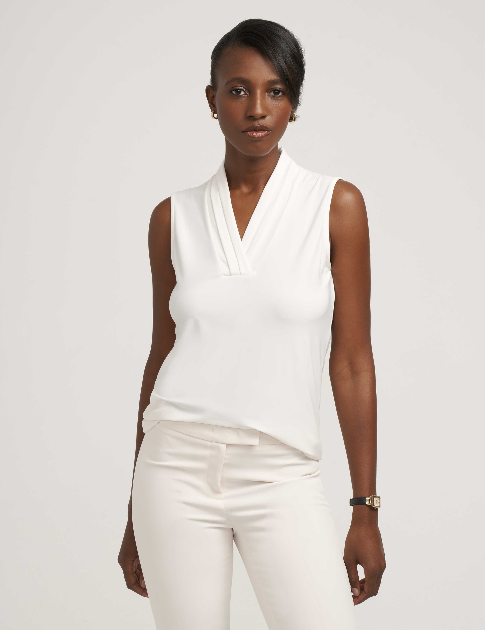 V-Neck Triple Pleat Top White Anne Klein - Main Image